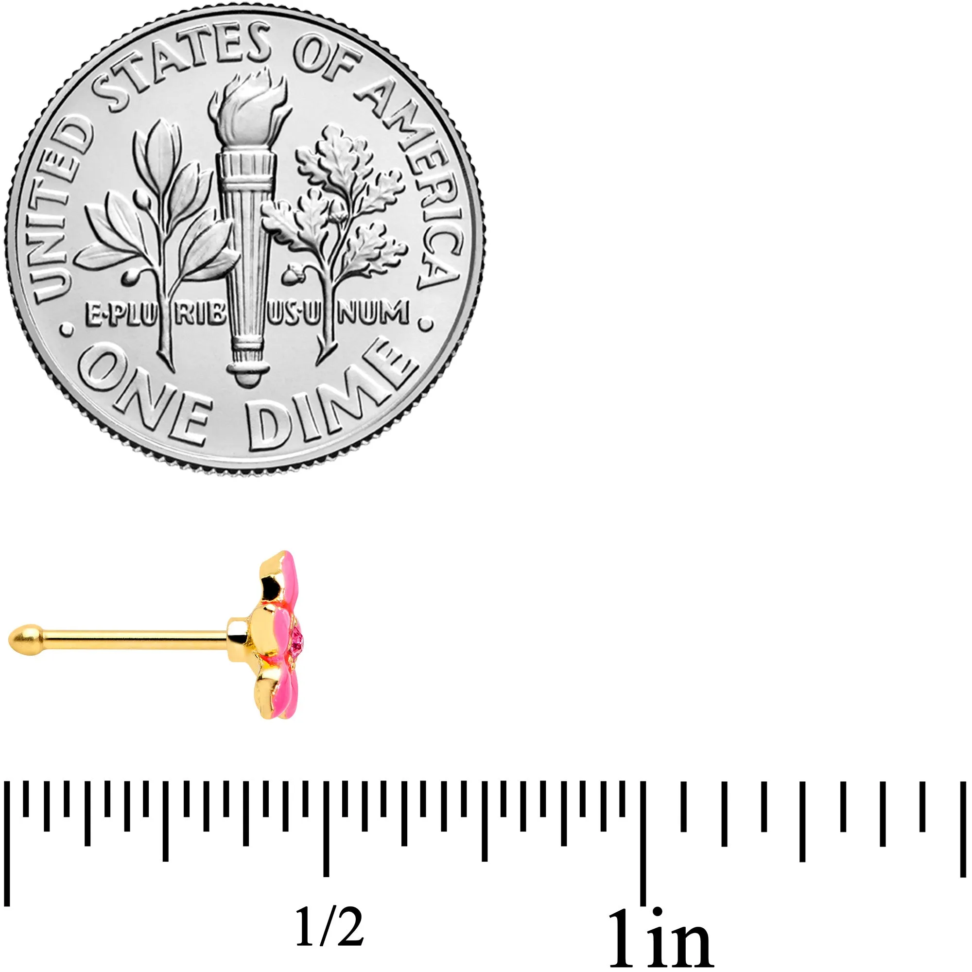 20 Gauge 1/4 Pink Gem Gold Tone Exotic Flower Nose Bone