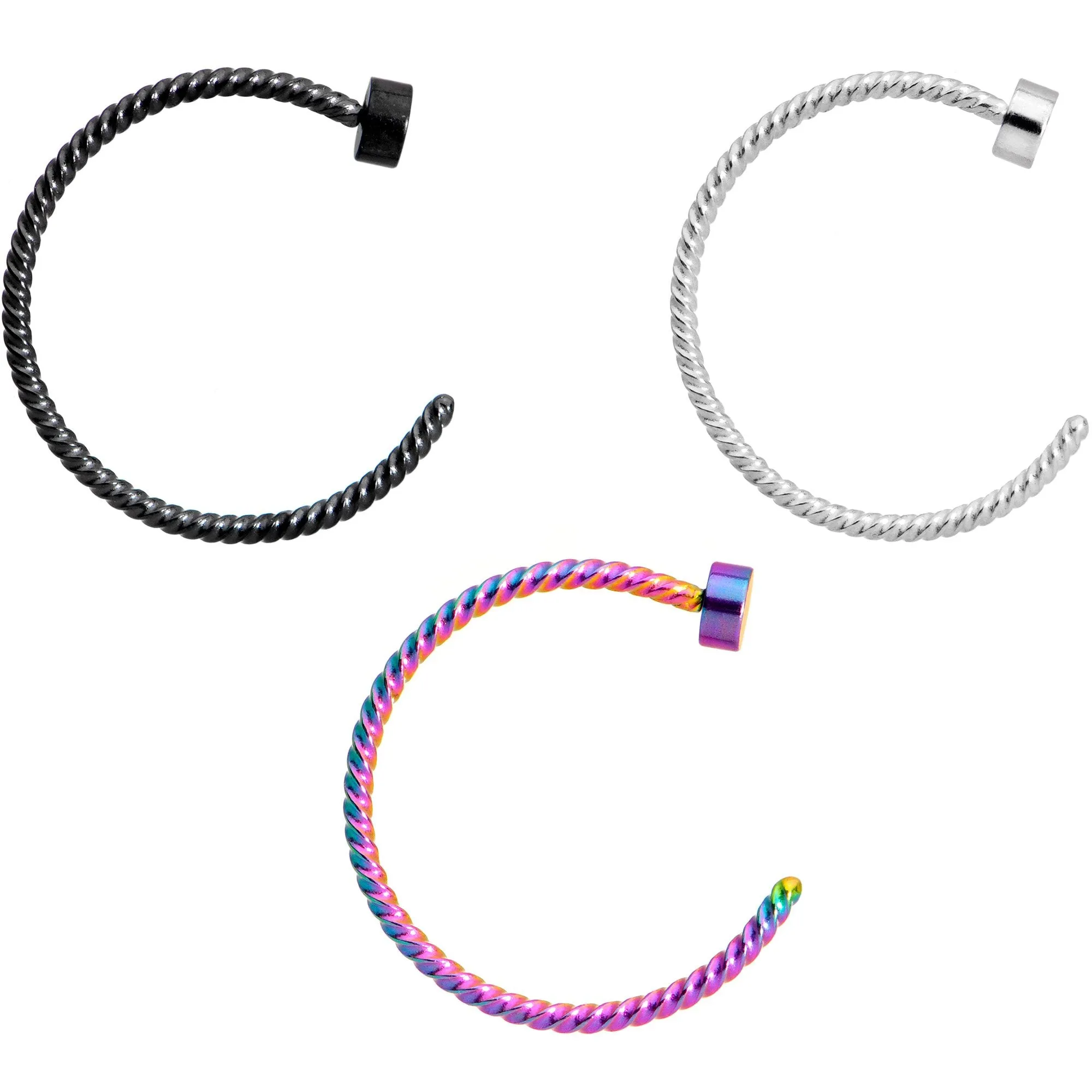 20 Gauge 3/8 Rainbow Pack Set of 3 Twisted Nose Hoop Rings