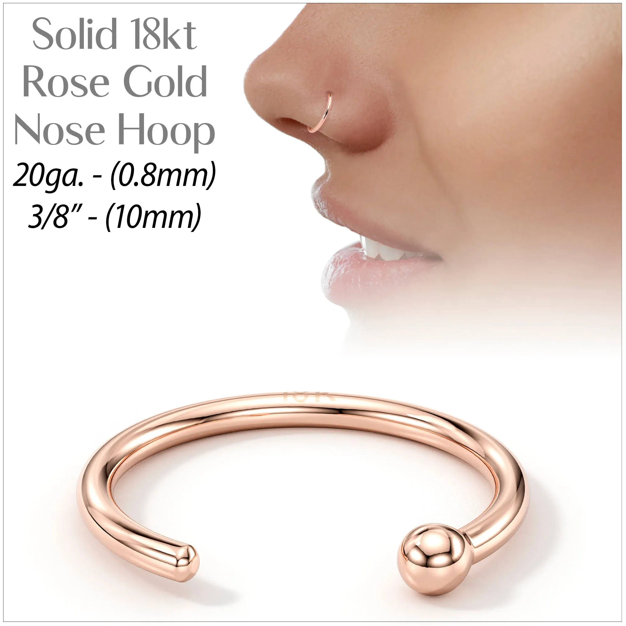 20 Gauge 3/8 Solid 18KT Rose Gold Nose Hoop