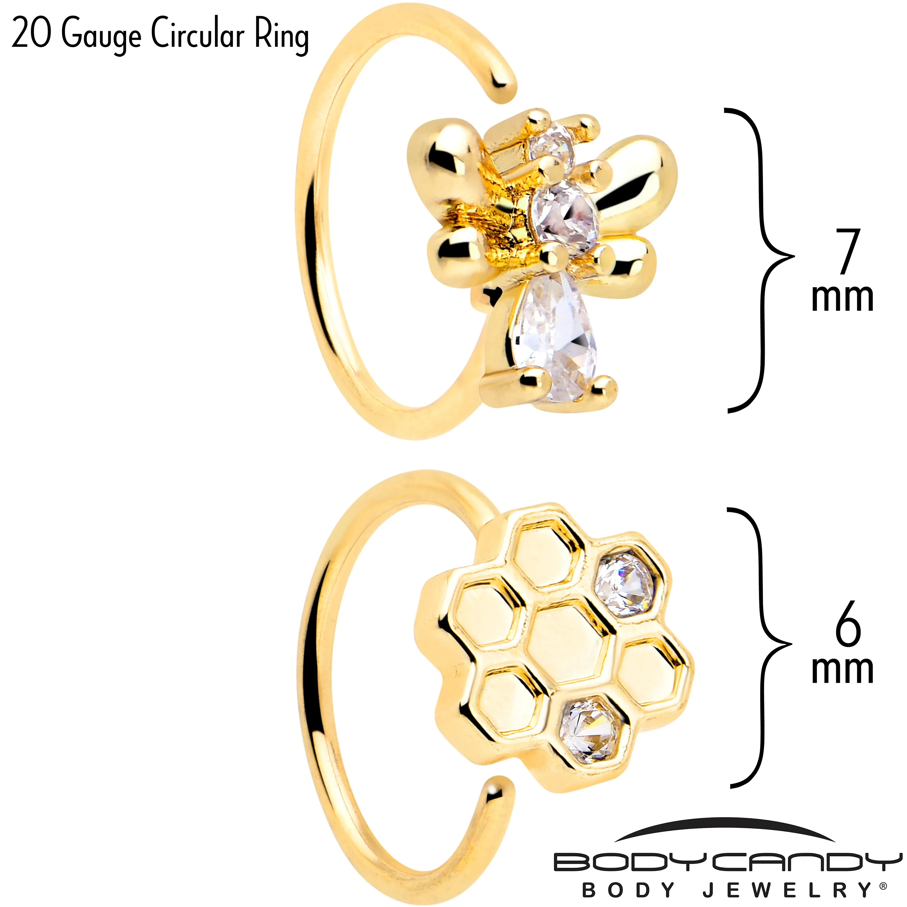 20 Gauge 5/16 Clear CZ Gem Gold Tone Bee Hive Luv Nose Hoop Set of 2