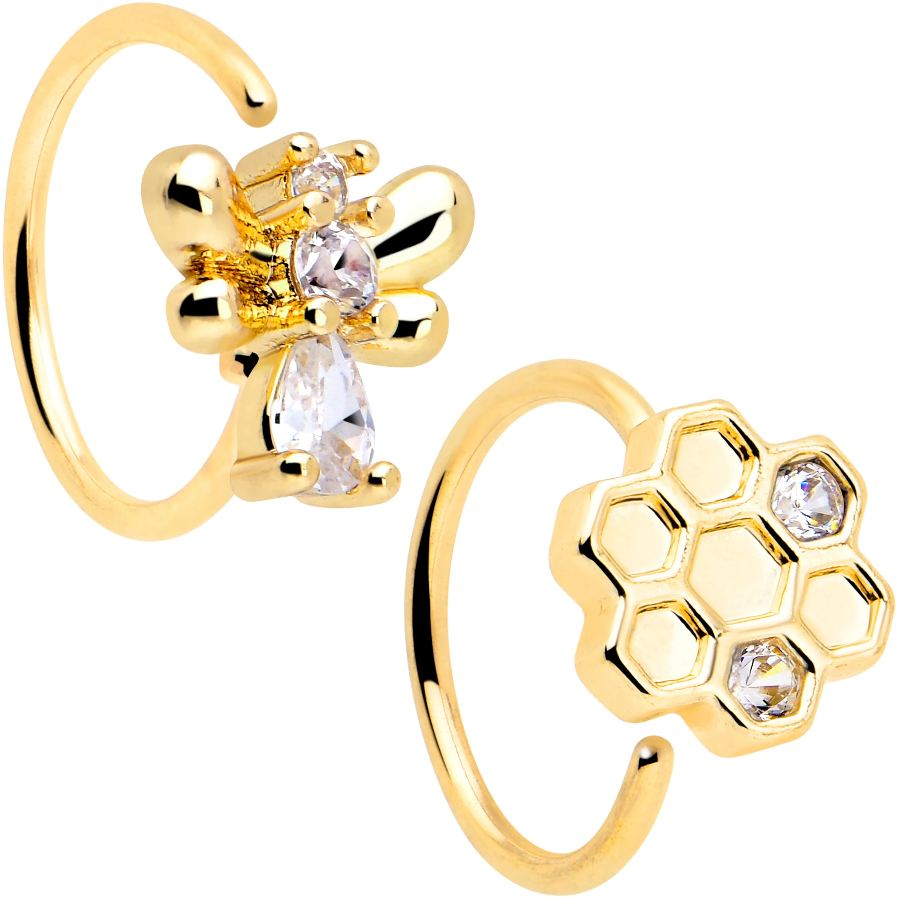 20 Gauge 5/16 Clear CZ Gem Gold Tone Bee Hive Luv Nose Hoop Set of 2