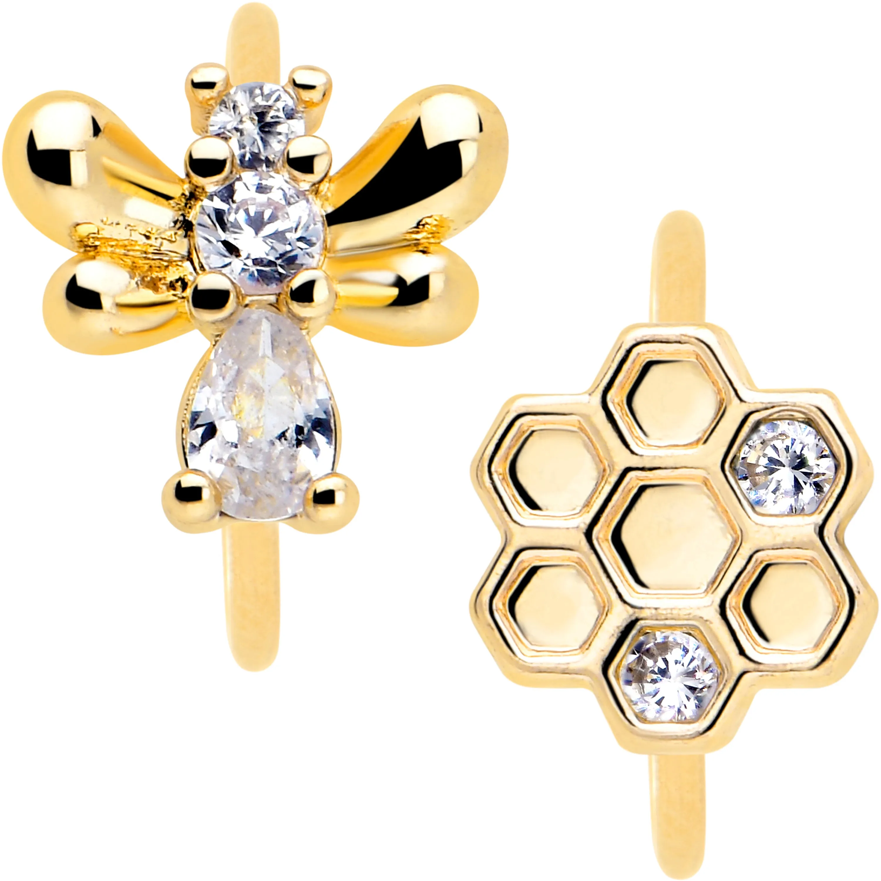 20 Gauge 5/16 Clear CZ Gem Gold Tone Bee Hive Luv Nose Hoop Set of 2