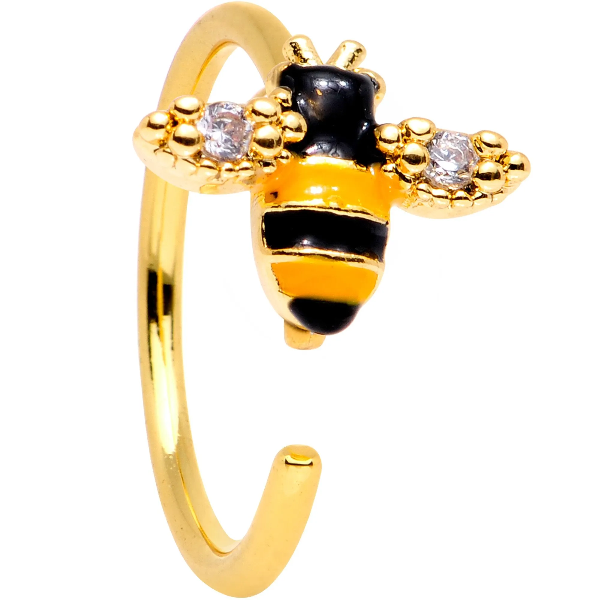 20 Gauge 5/16 Clear CZ Gem Gold Tone Busy Bumble Bee Nose Hoop