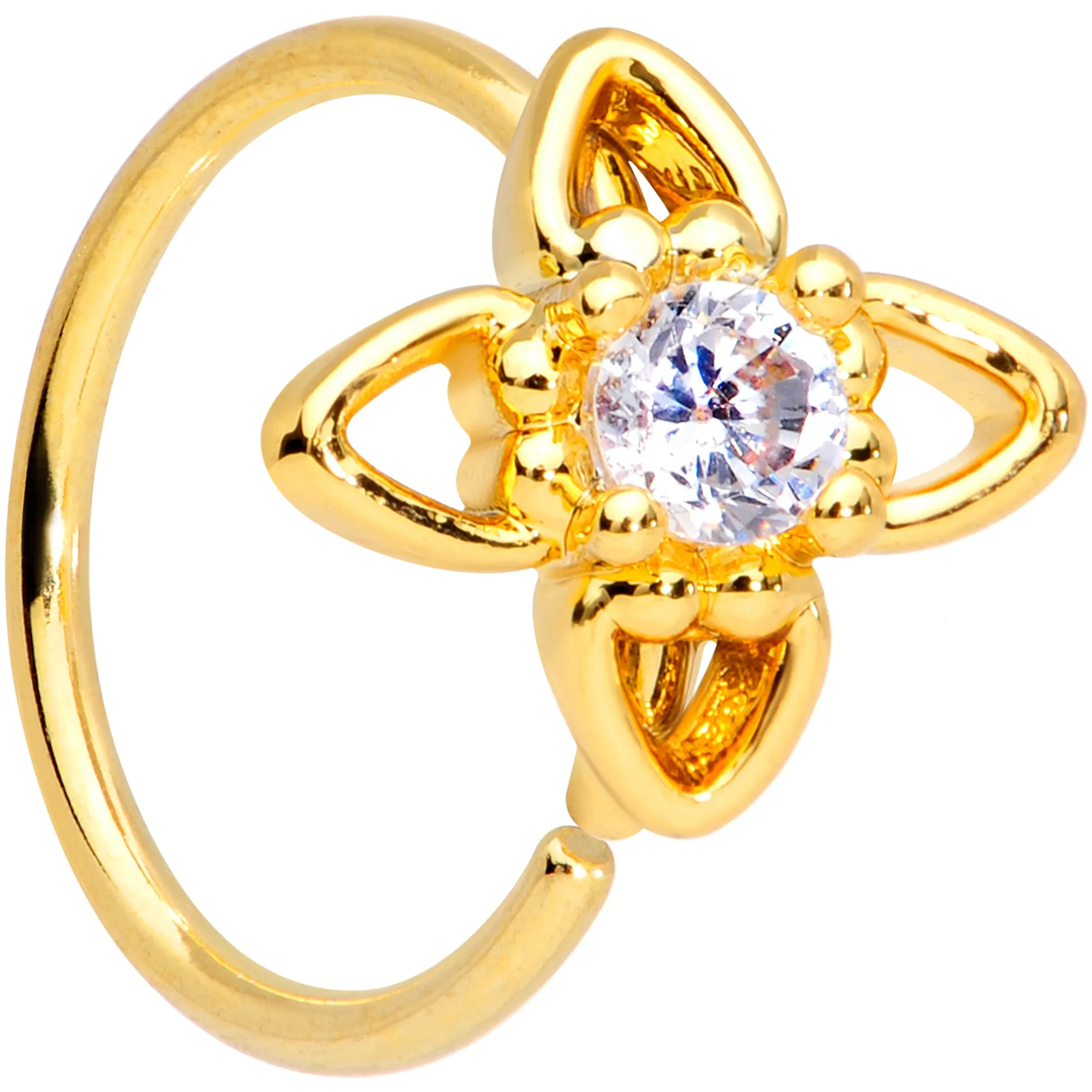 20 Gauge 5/16 Clear CZ Gem Gold Tone Open Flower Nose Hoop