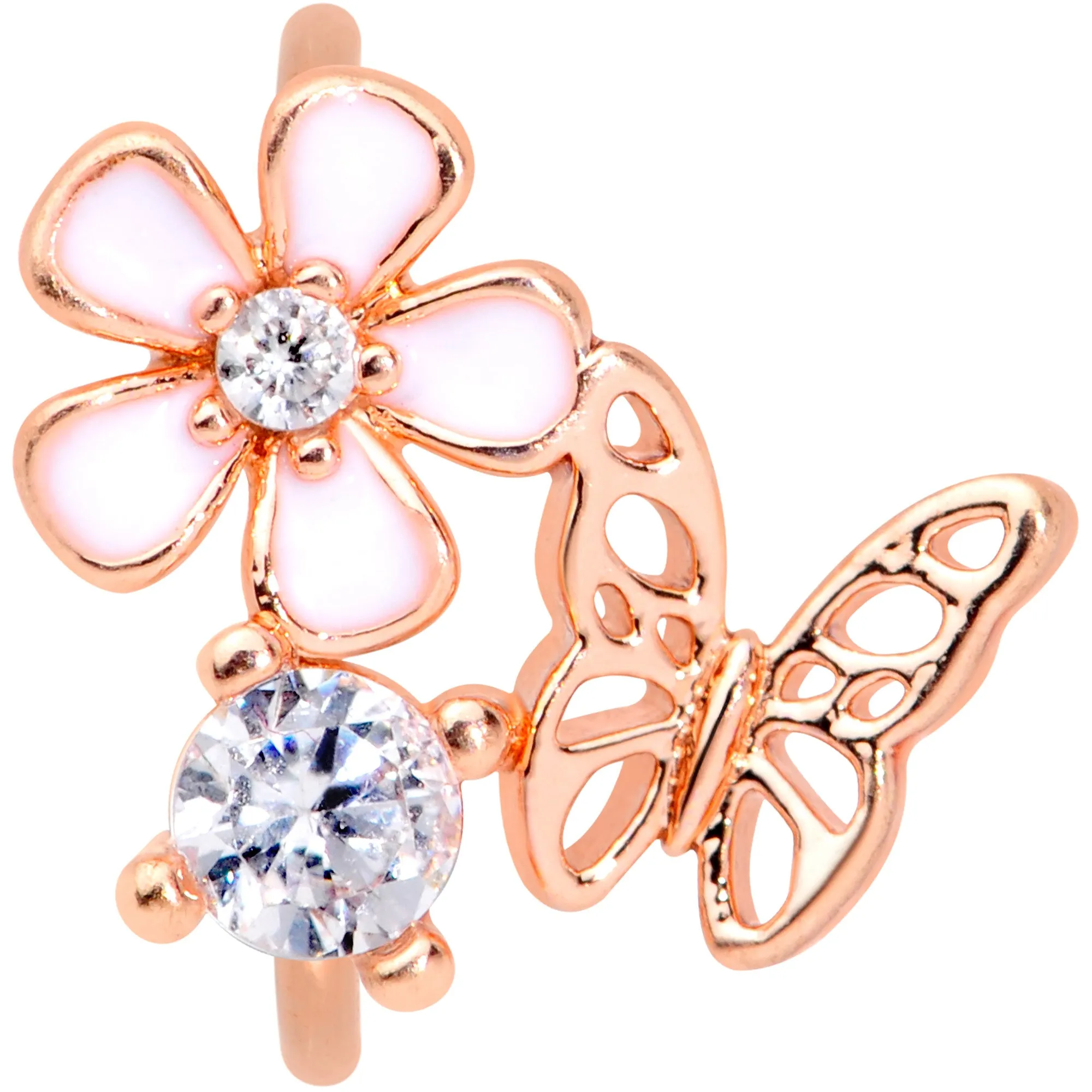 20 Gauge 5/16 Clear CZ Gem Rose Gold Tone Butterfly Flower Nose Hoop