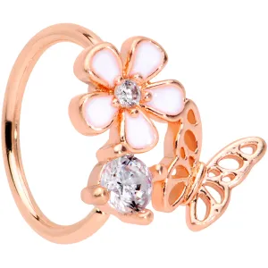 20 Gauge 5/16 Clear CZ Gem Rose Gold Tone Butterfly Flower Nose Hoop