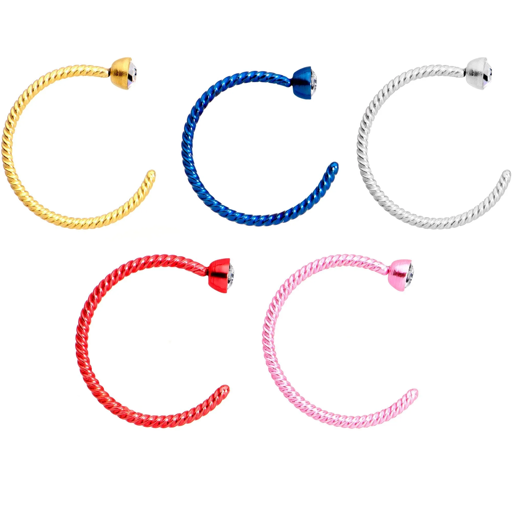 20 Gauge 5/16 Clear Gem Multicolor Pack Set of 5 Twisted Nose Hoop Rings