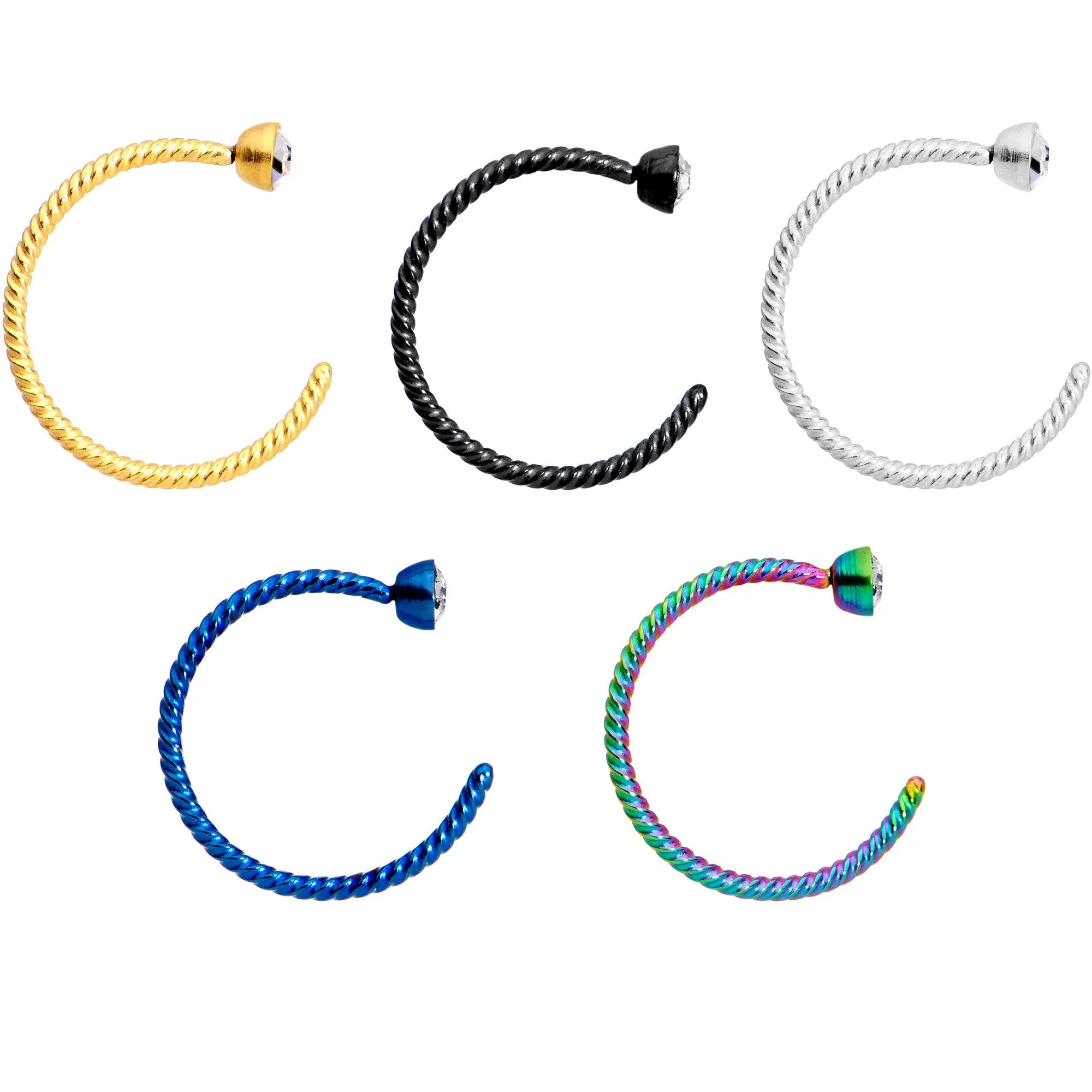 20 Gauge 5/16 Clear Gem Rainbow Pack Set of 5 Twisted Nose Hoop Rings