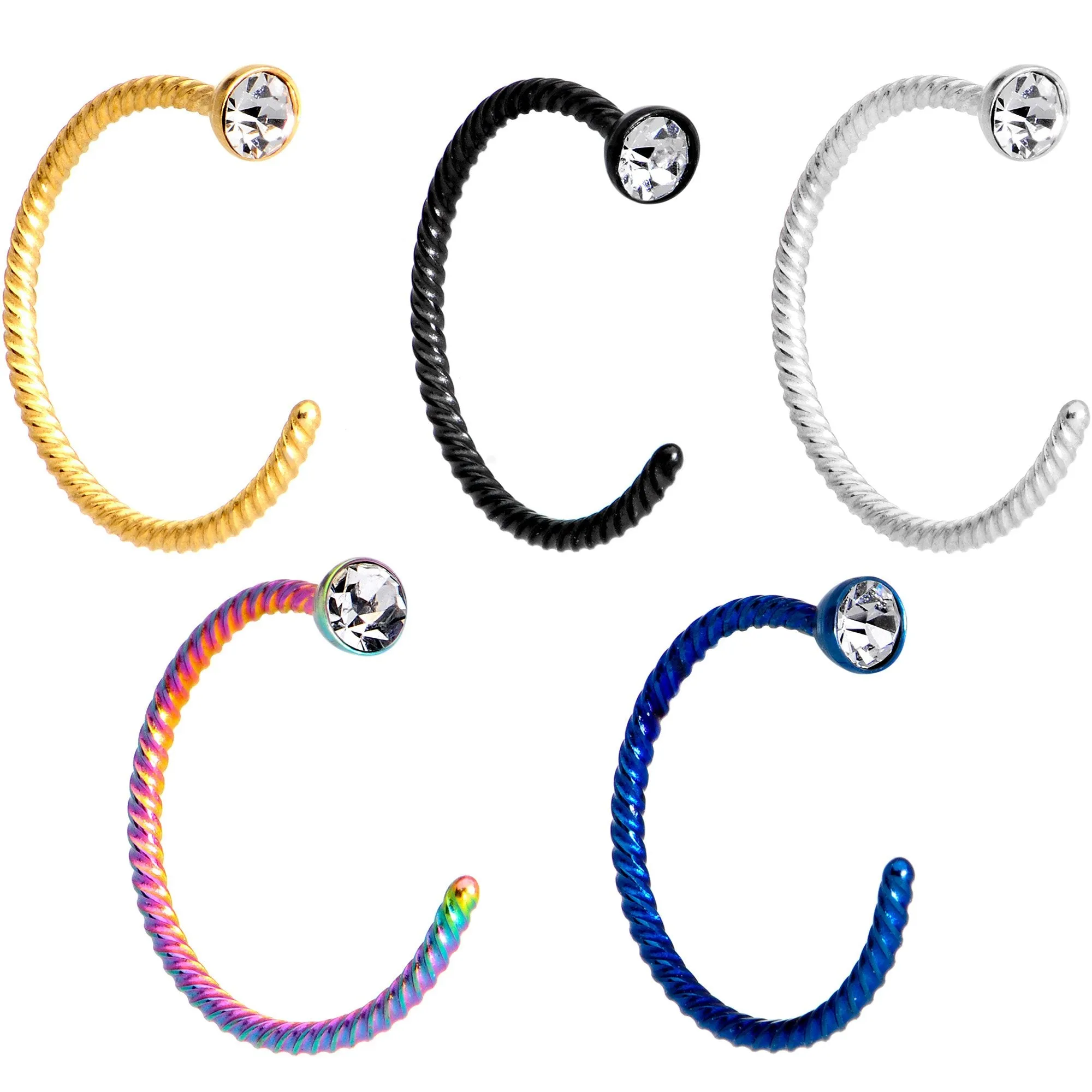 20 Gauge 5/16 Clear Gem Rainbow Pack Set of 5 Twisted Nose Hoop Rings