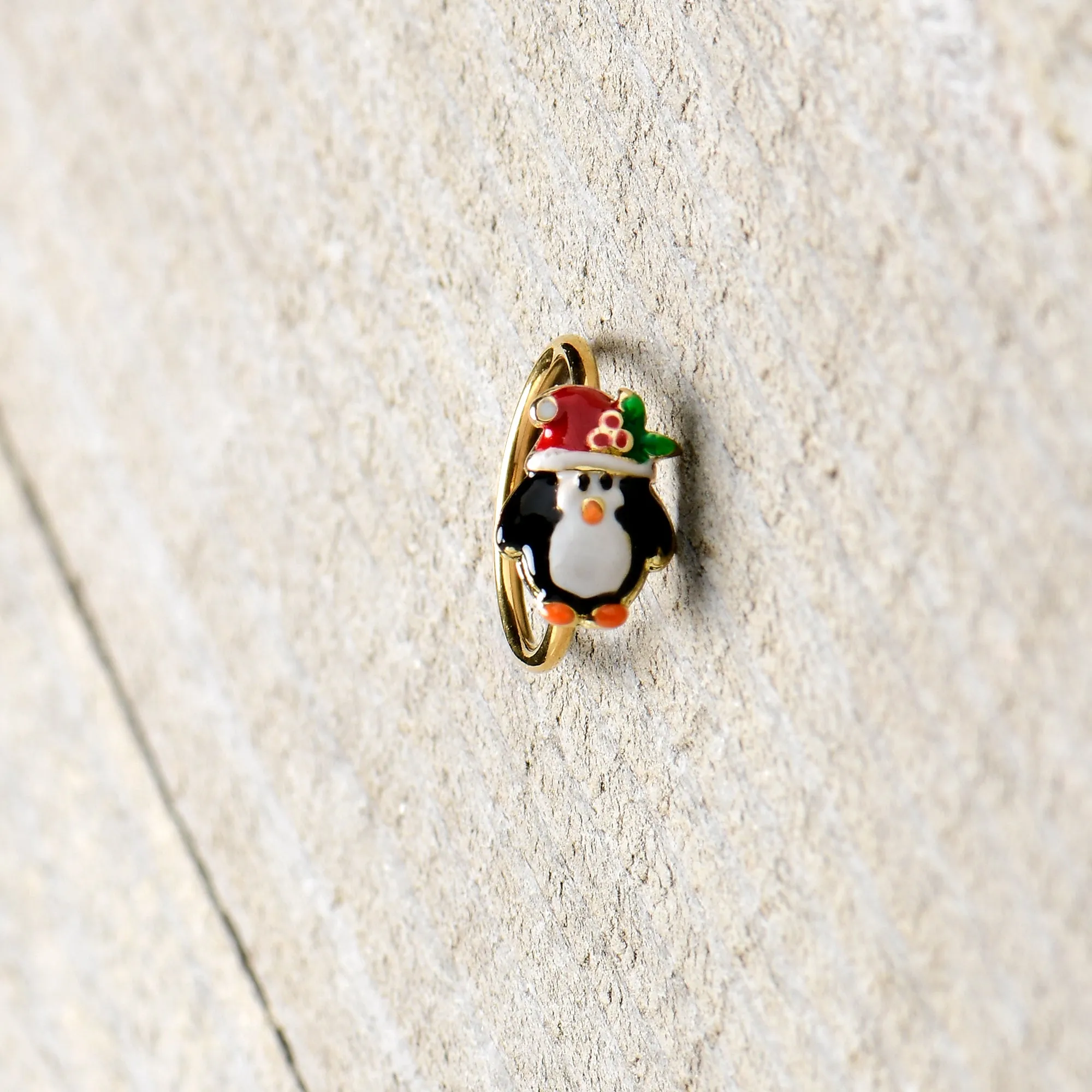 20 Gauge 5/16 Gold Tone Holly Hat Penguin Holiday Nose Hoop