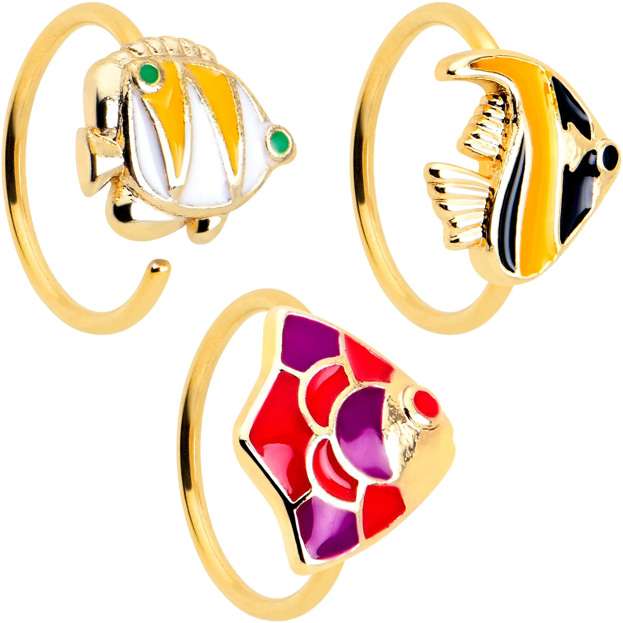 20 Gauge 5/16 Gold Tone Tropical Fish Nose Hoop Set of 3