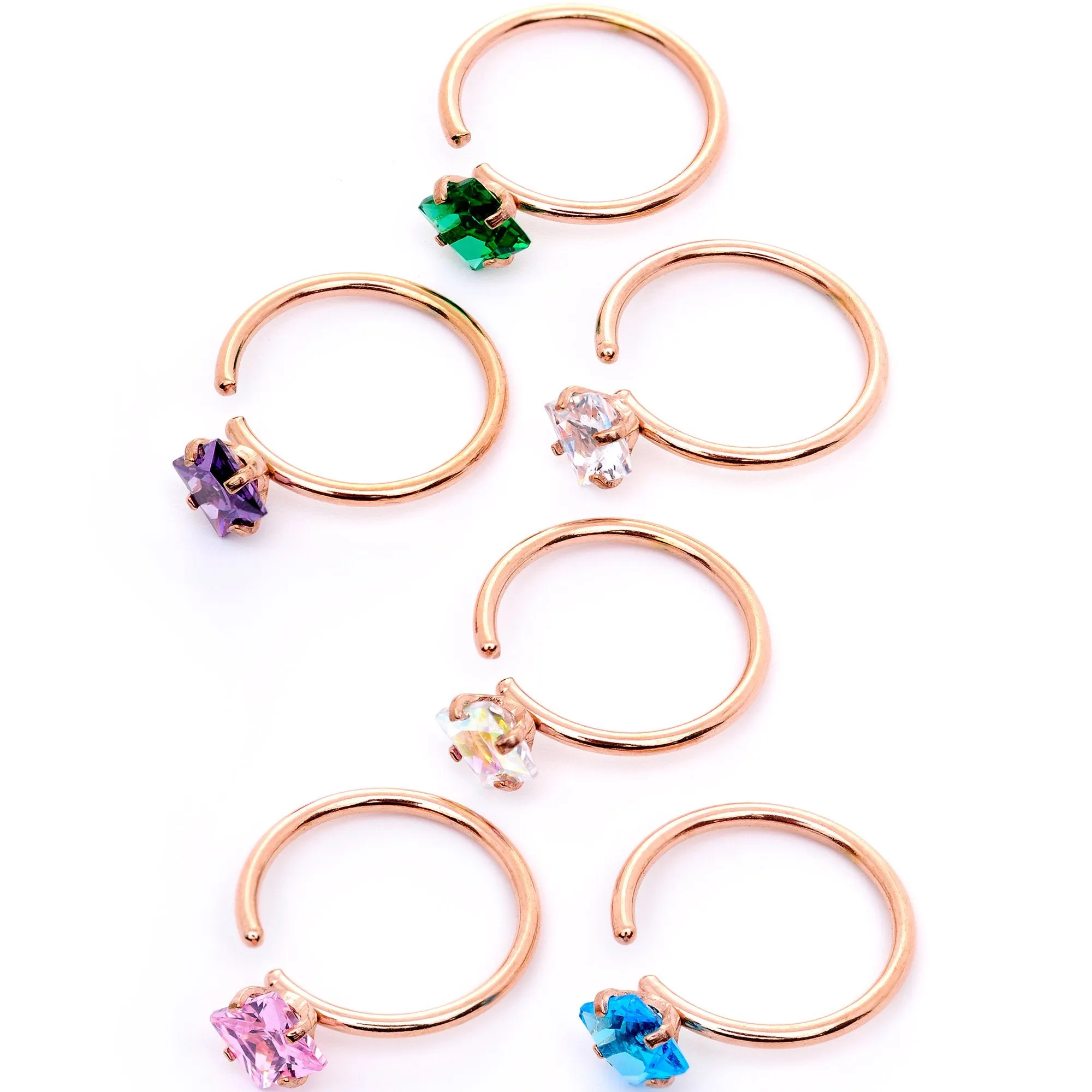 20 Gauge 5/16 Pastel Gem Rose Gold Tone Nose Hoop Set of 6