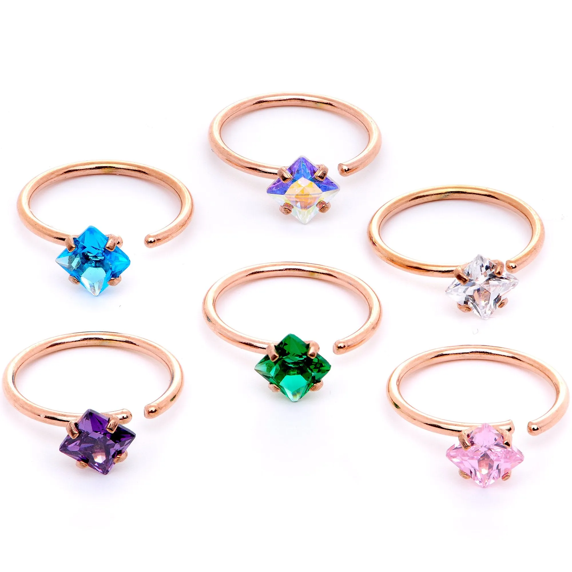 20 Gauge 5/16 Pastel Gem Rose Gold Tone Nose Hoop Set of 6