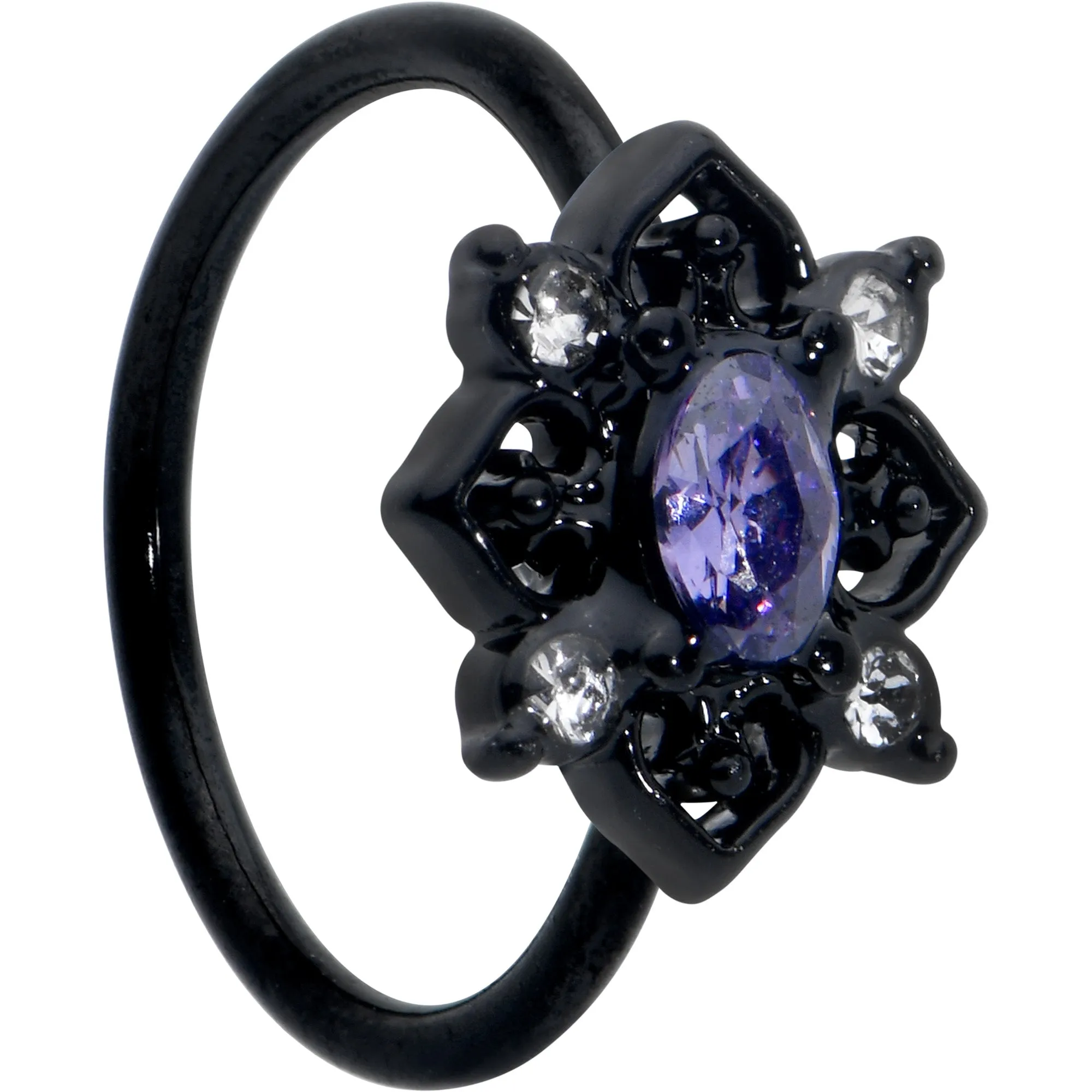 20 Gauge 5/16 Purple Gem Black Scrolling Hearts Nose Hoop