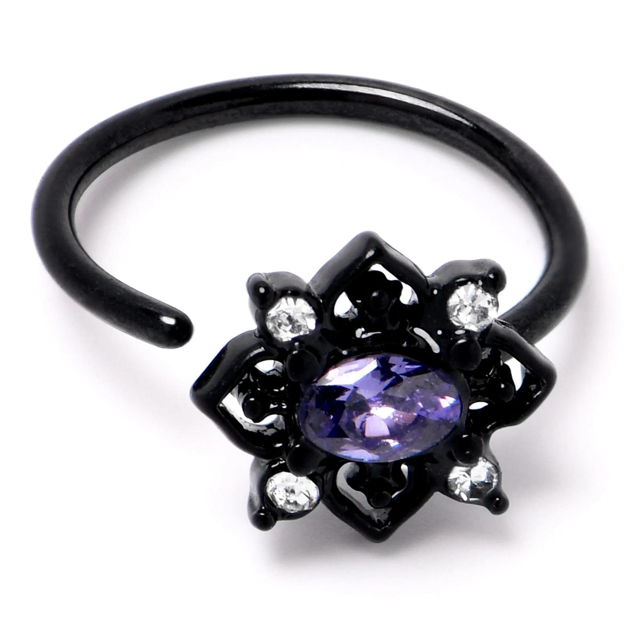 20 Gauge 5/16 Purple Gem Black Scrolling Hearts Nose Hoop