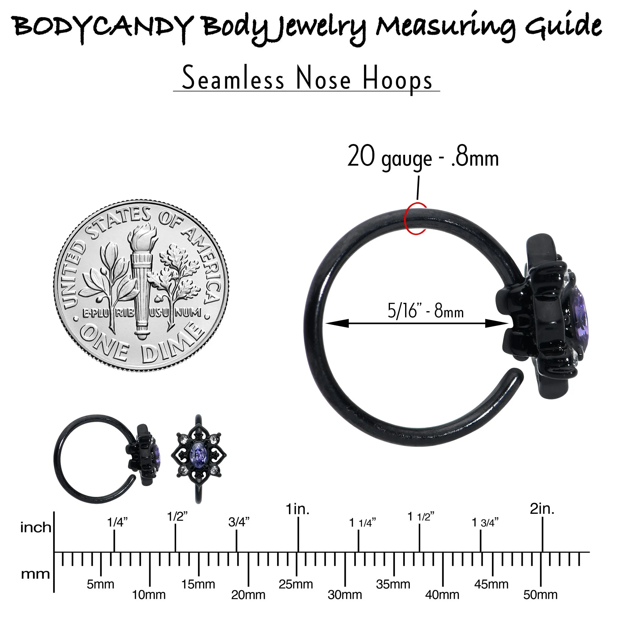 20 Gauge 5/16 Purple Gem Black Scrolling Hearts Nose Hoop