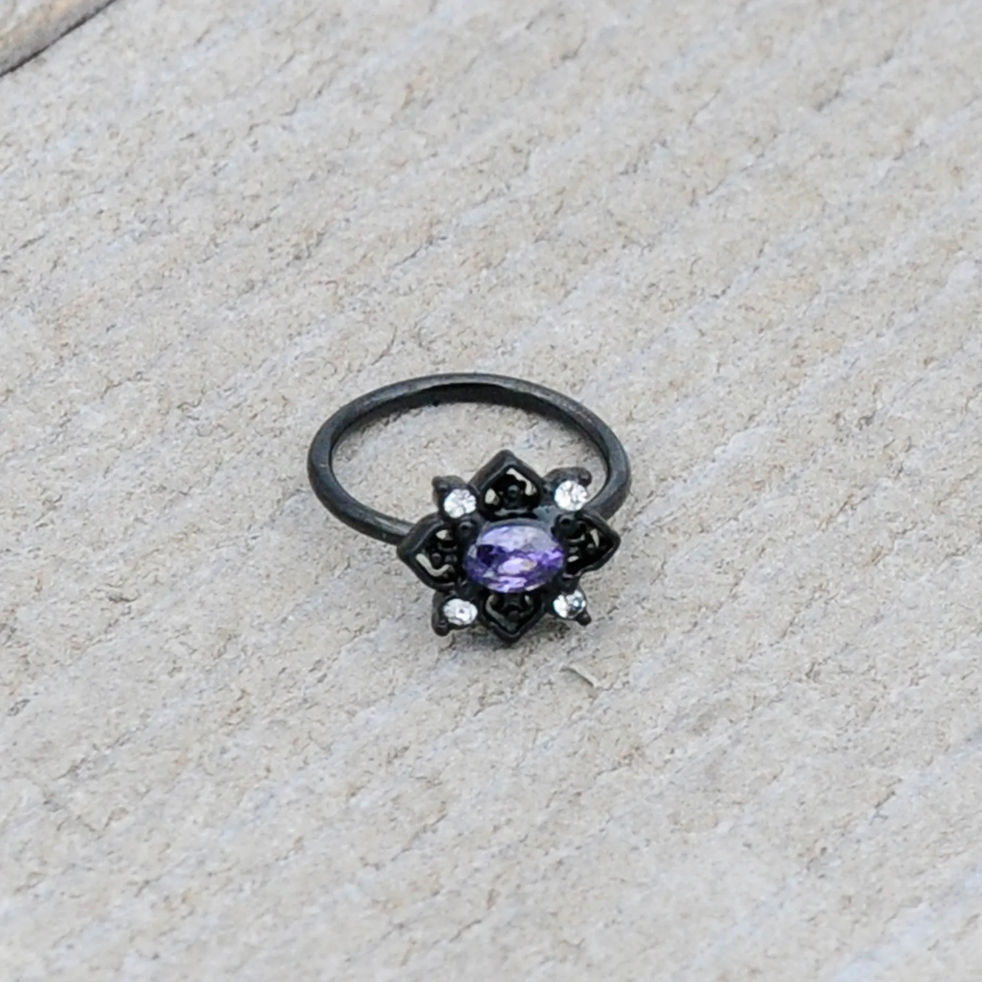 20 Gauge 5/16 Purple Gem Black Scrolling Hearts Nose Hoop