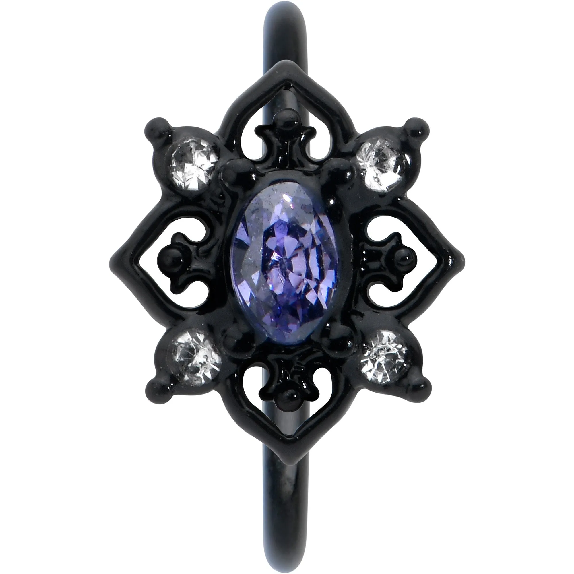 20 Gauge 5/16 Purple Gem Black Scrolling Hearts Nose Hoop