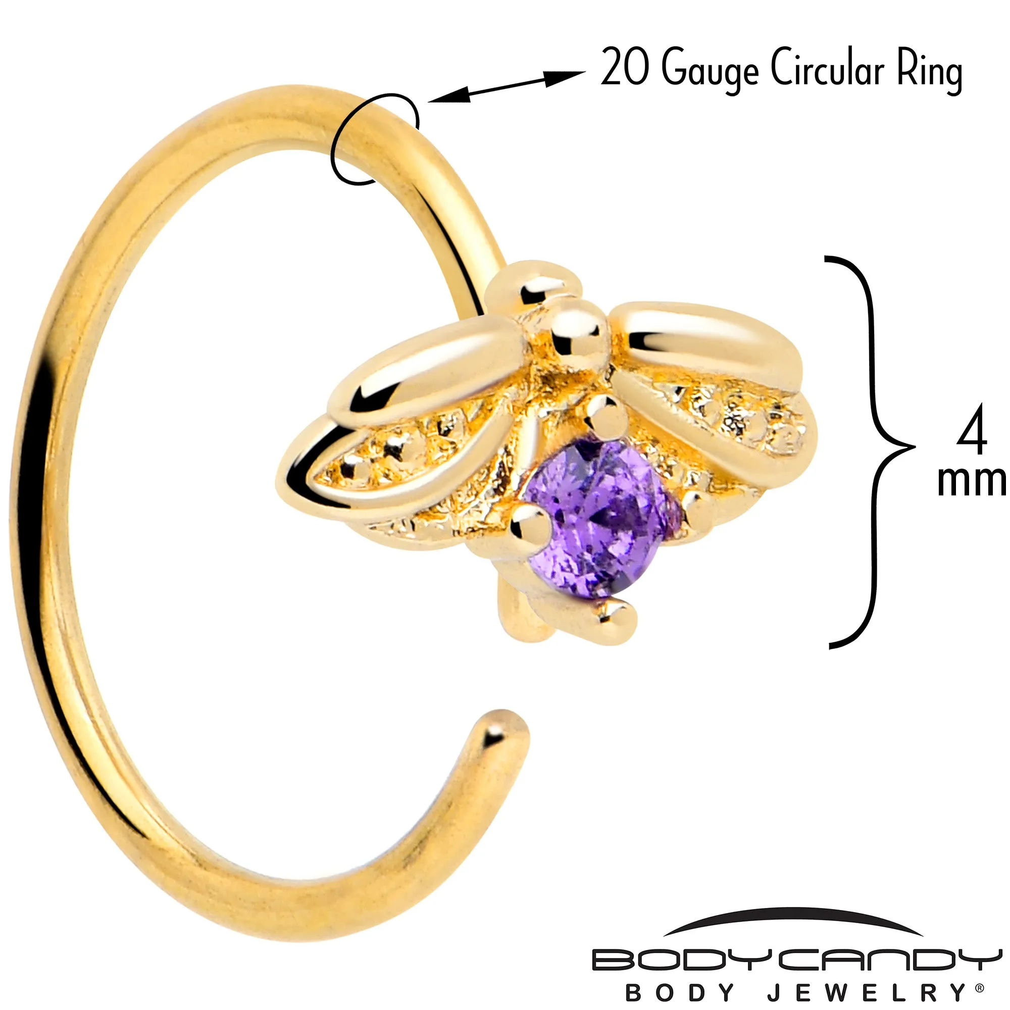 20 Gauge 5/16 Purple Gem Gold Tone Beauty Bug Nose Hoop