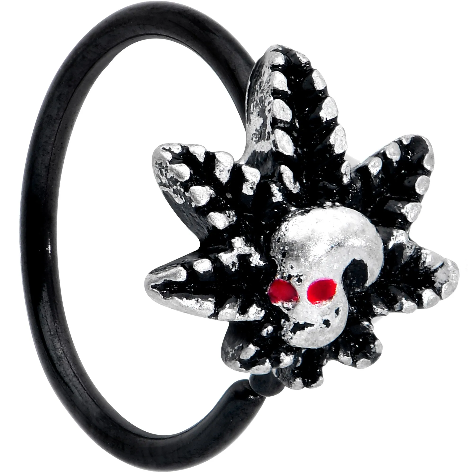 20 Gauge 5/16 Red Gem Black Pot Leaf Skull Nose Hoop