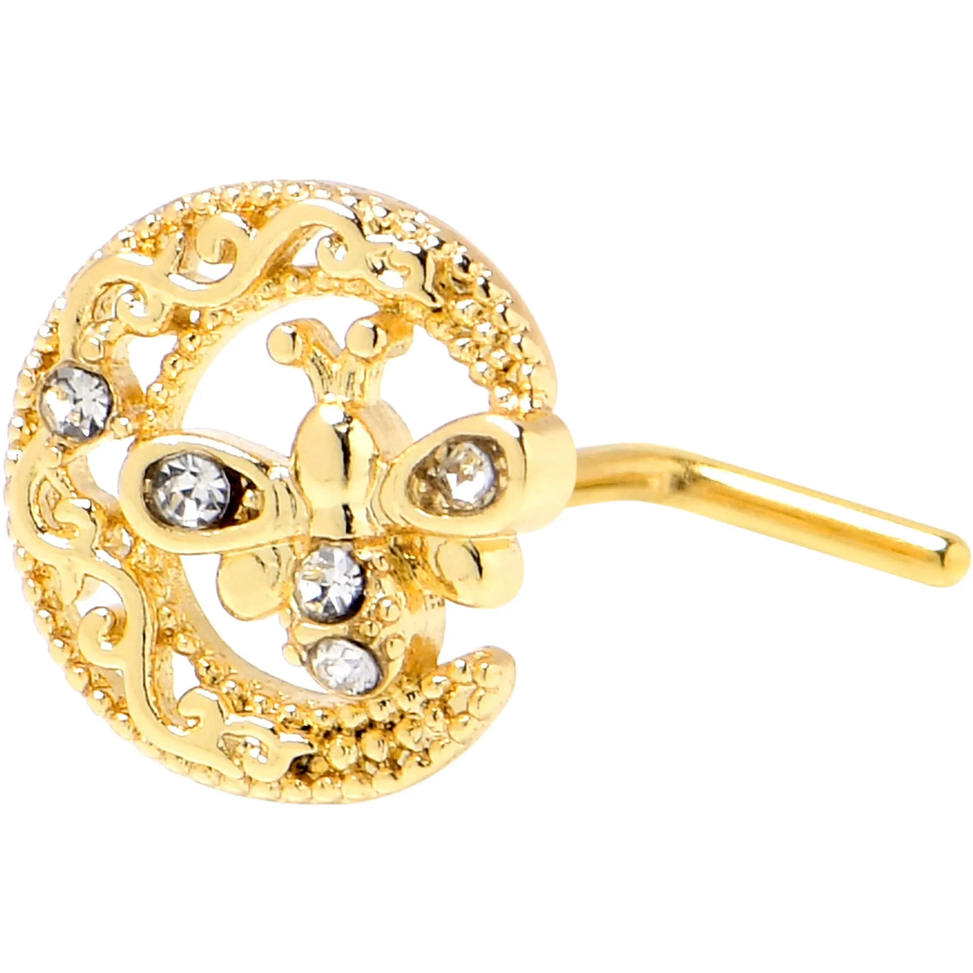 20 Gauge 7mm Clear Gem Gold Tone Lunar Dragonfly L Shape Nose Ring
