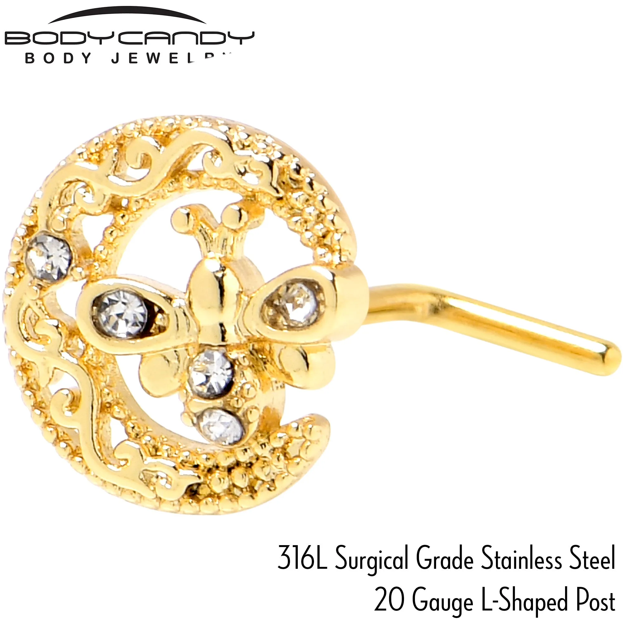 20 Gauge 7mm Clear Gem Gold Tone Lunar Dragonfly L Shape Nose Ring