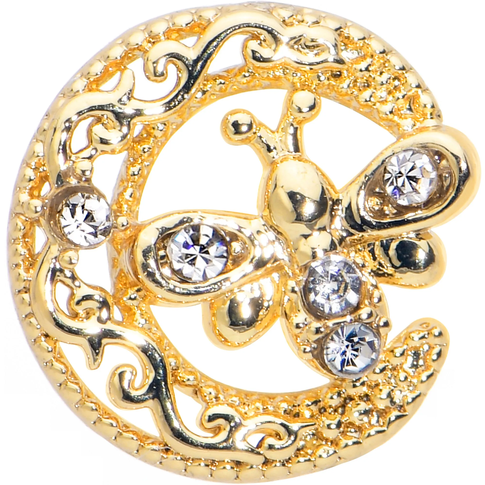 20 Gauge 7mm Clear Gem Gold Tone Lunar Dragonfly L Shape Nose Ring