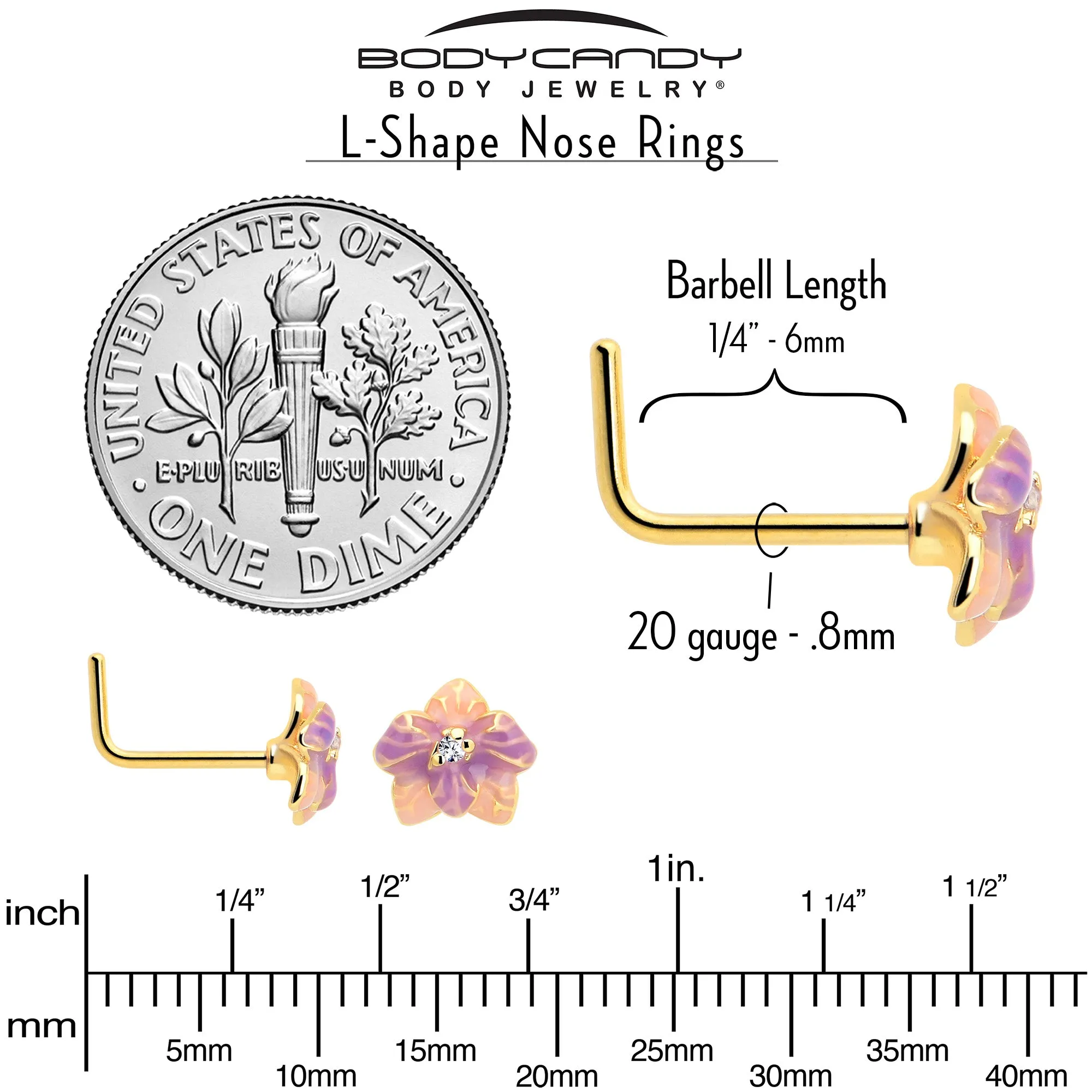 20 Gauge 7mm Clear Gem Gold Tone Pastel Flower L Shape Nose Ring