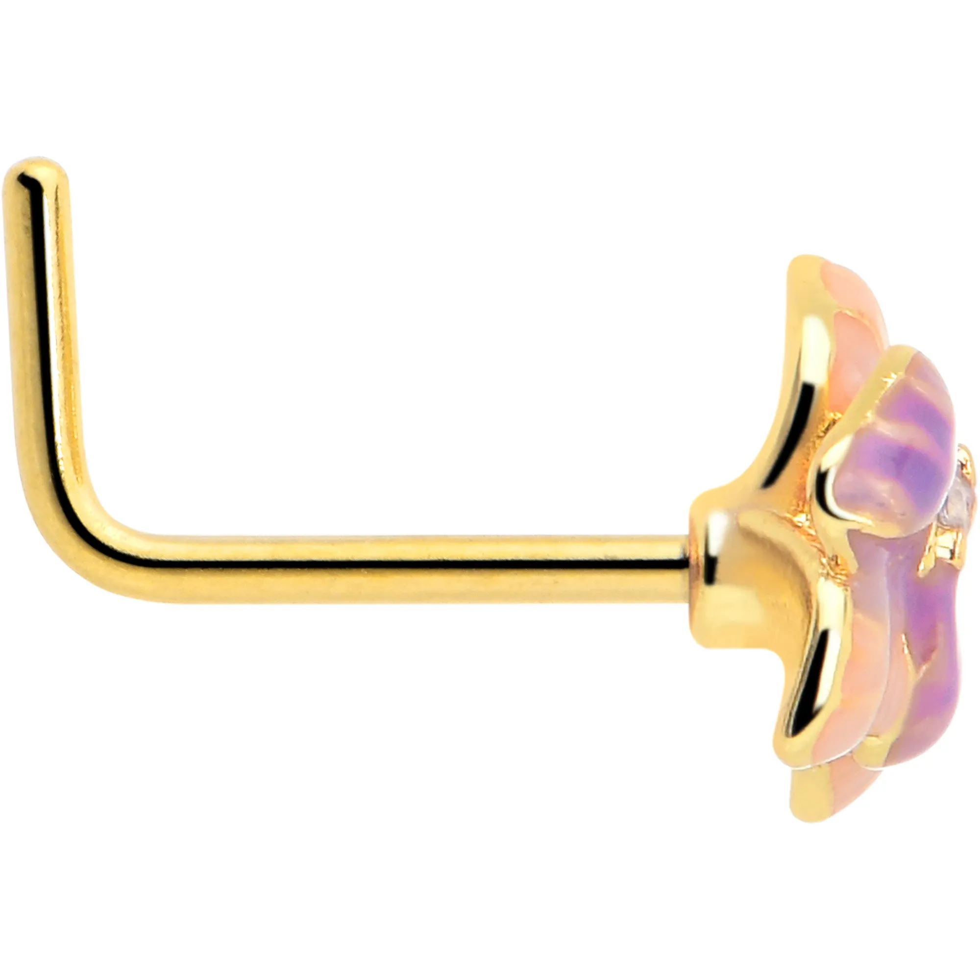 20 Gauge 7mm Clear Gem Gold Tone Pastel Flower L Shape Nose Ring