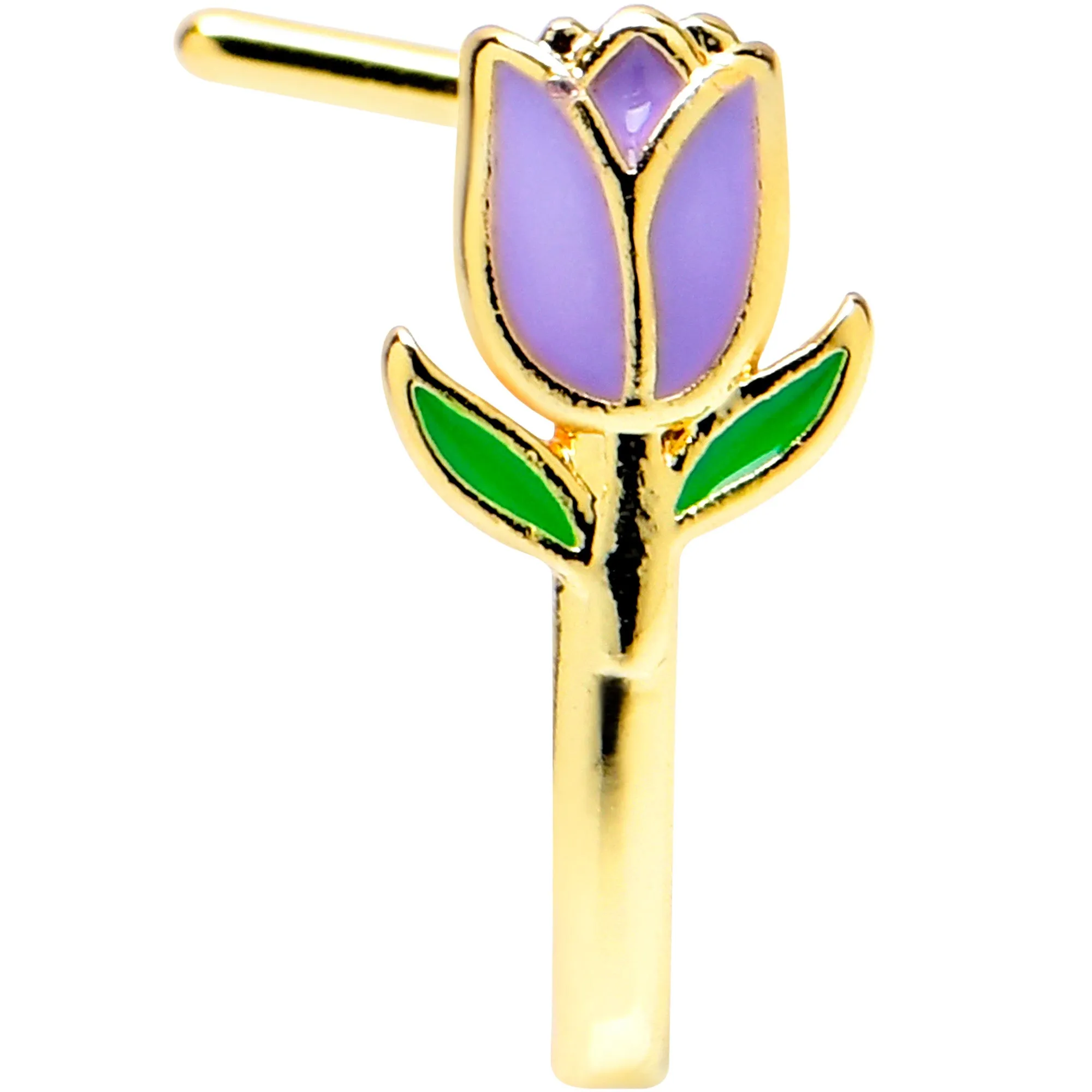 20 Gauge 7mm Gold Tone Purple Tulip Flower Faux Hoop L Shape Nose Ring