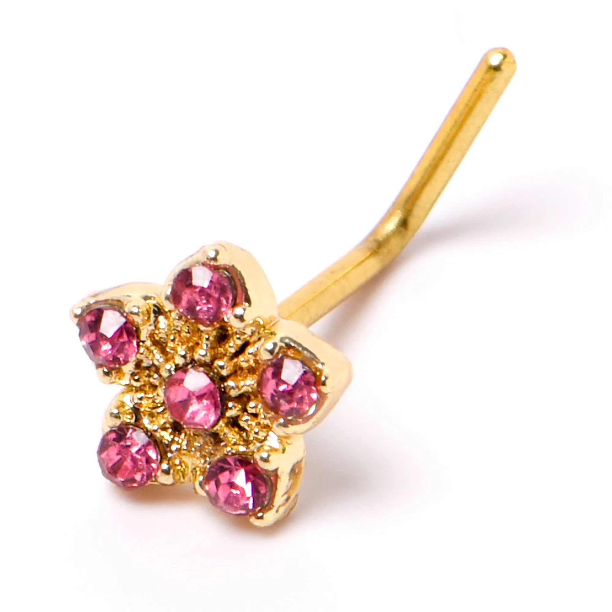 20 Gauge 7mm Pink Gem Gold Tone Texture Star Flower L Shape Nose Ring