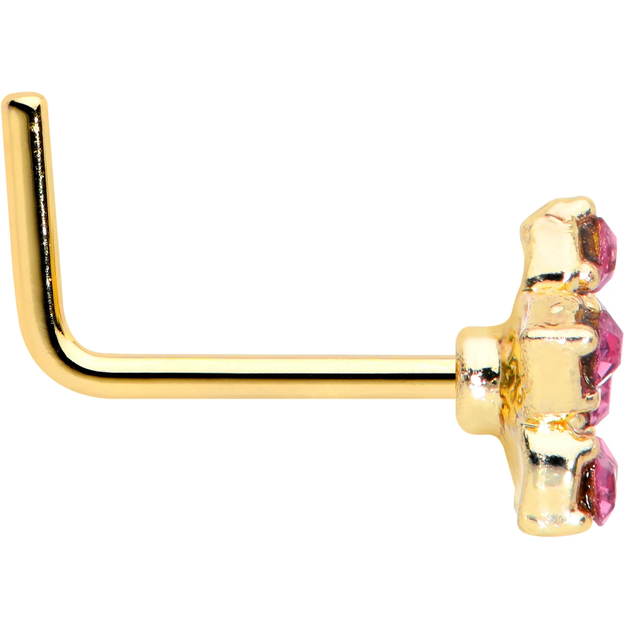 20 Gauge 7mm Pink Gem Gold Tone Texture Star Flower L Shape Nose Ring