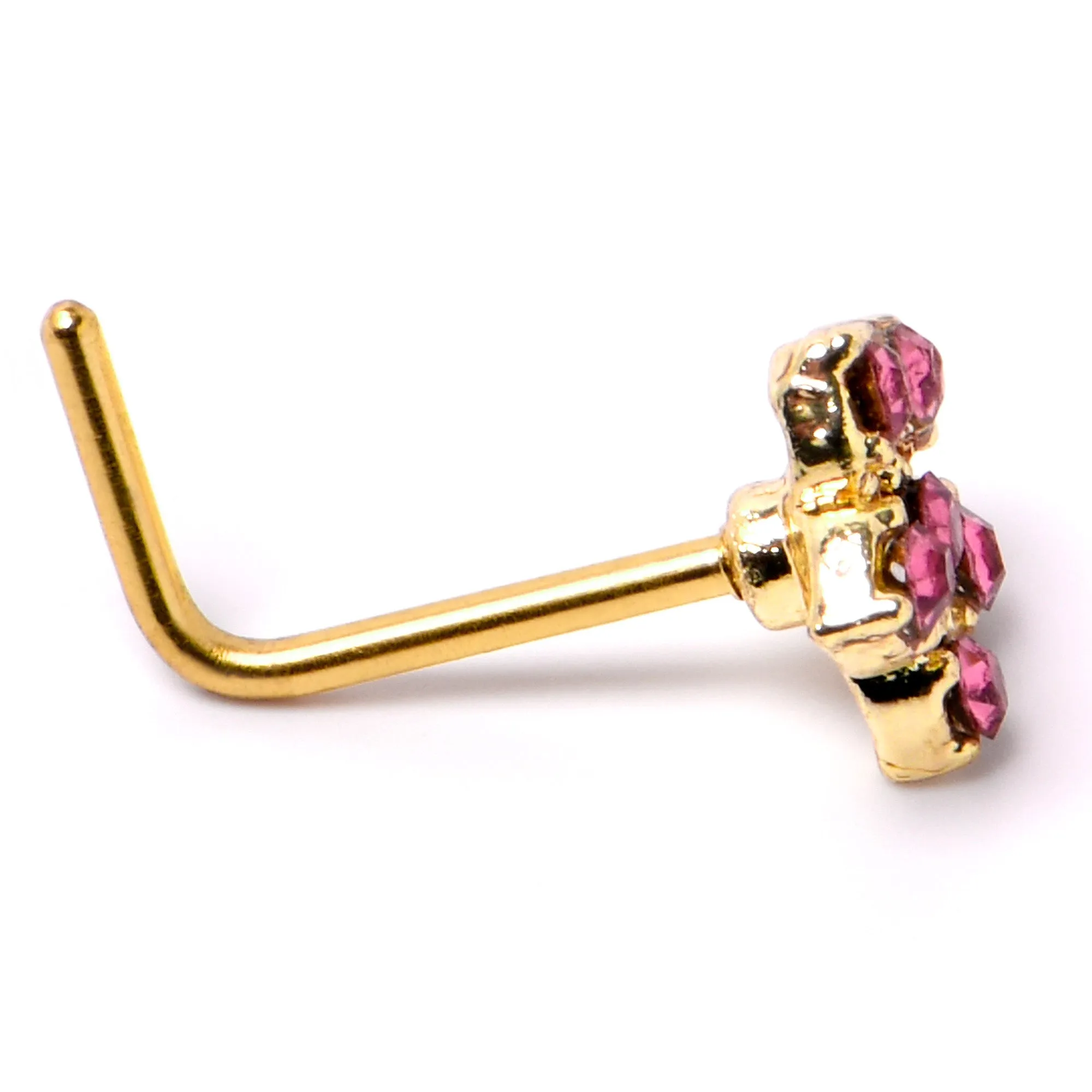 20 Gauge 7mm Pink Gem Gold Tone Texture Star Flower L Shape Nose Ring