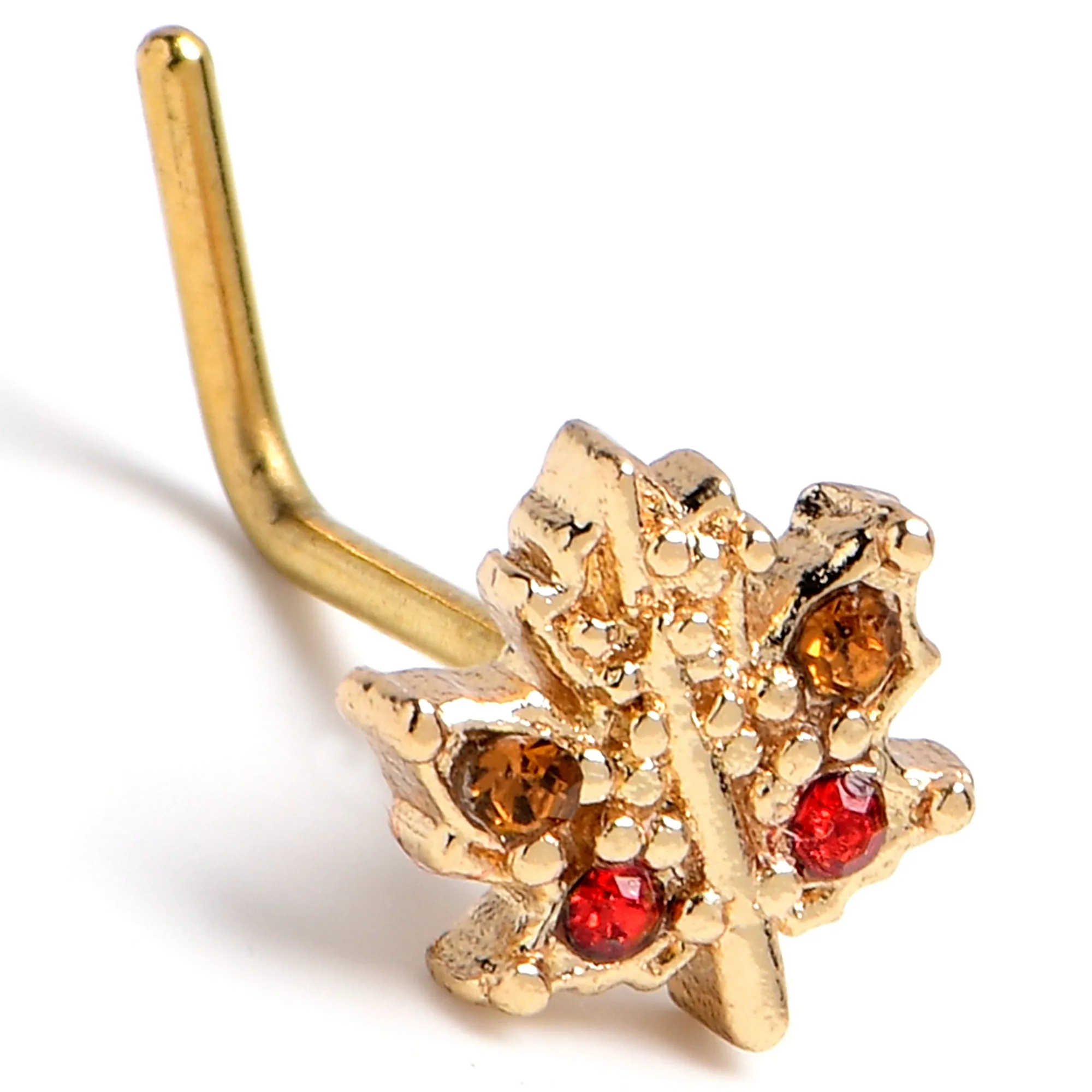 20 Gauge 7mm Red Yellow Gem Gold Tone Maple Leaf L Shape Nose Ring