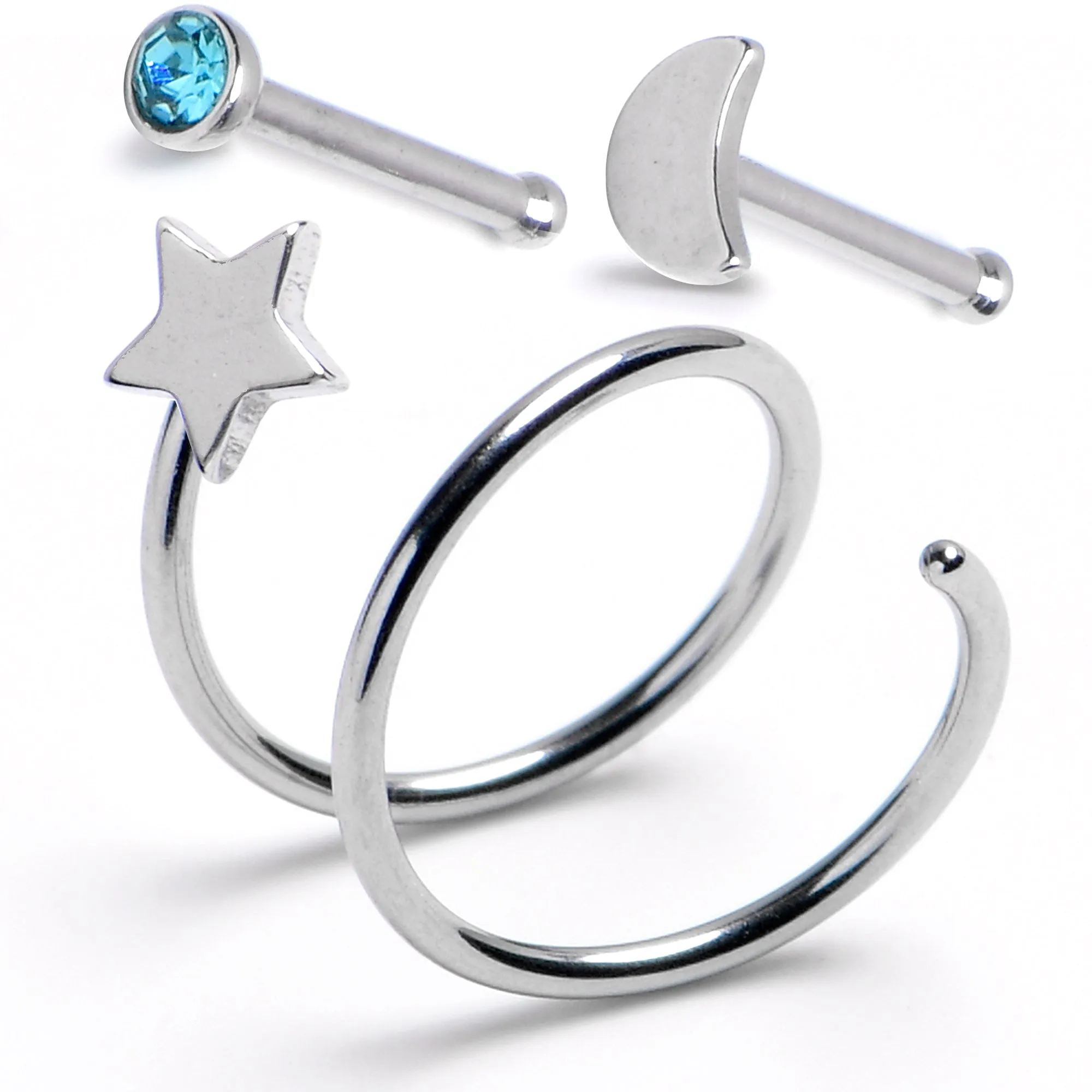 20 Gauge Aqua Gem Crescent Moon Nose Bone Star Twister Double Nose Hoop Ring 3 Pack