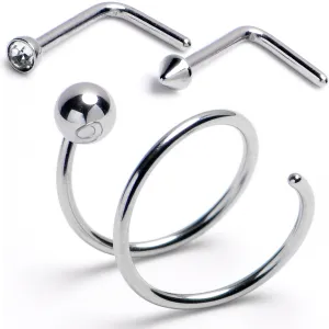 20 Gauge Gem Spike L-Shape Nose Ring Ball Twister Double Nose Hoop Ring 3 Pack