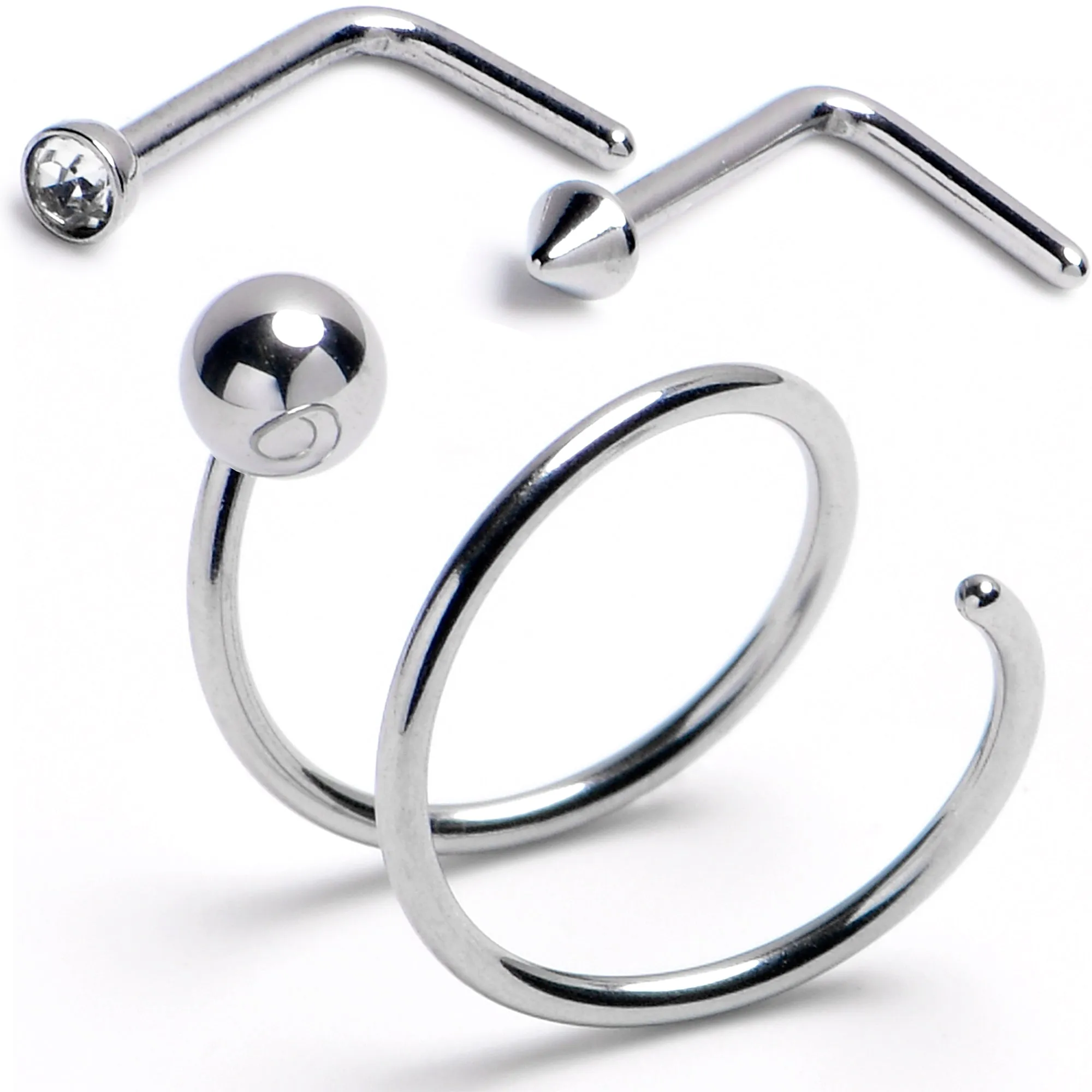 20 Gauge Gem Spike L-Shape Nose Ring Ball Twister Double Nose Hoop Ring 3 Pack