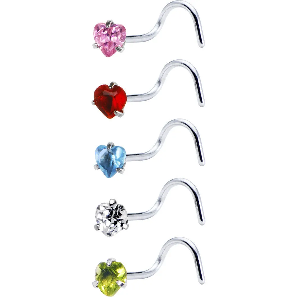 20 Gauge Stainless Steel Heart CZ Nose Ring Pack Set