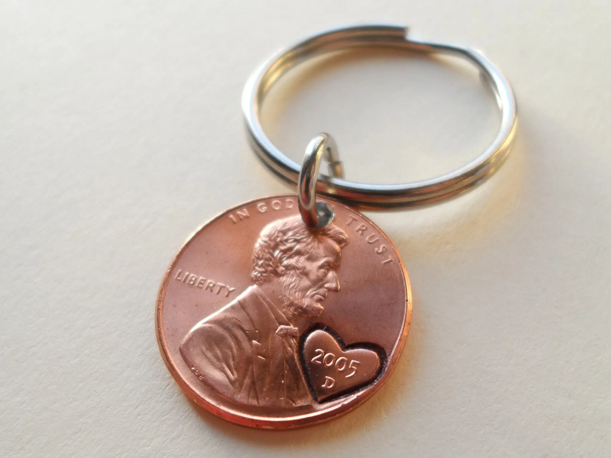 2005 Penny Keychain with Engraved Heart Around Year; 20 Year Anniversary Gift, Couples Keychain