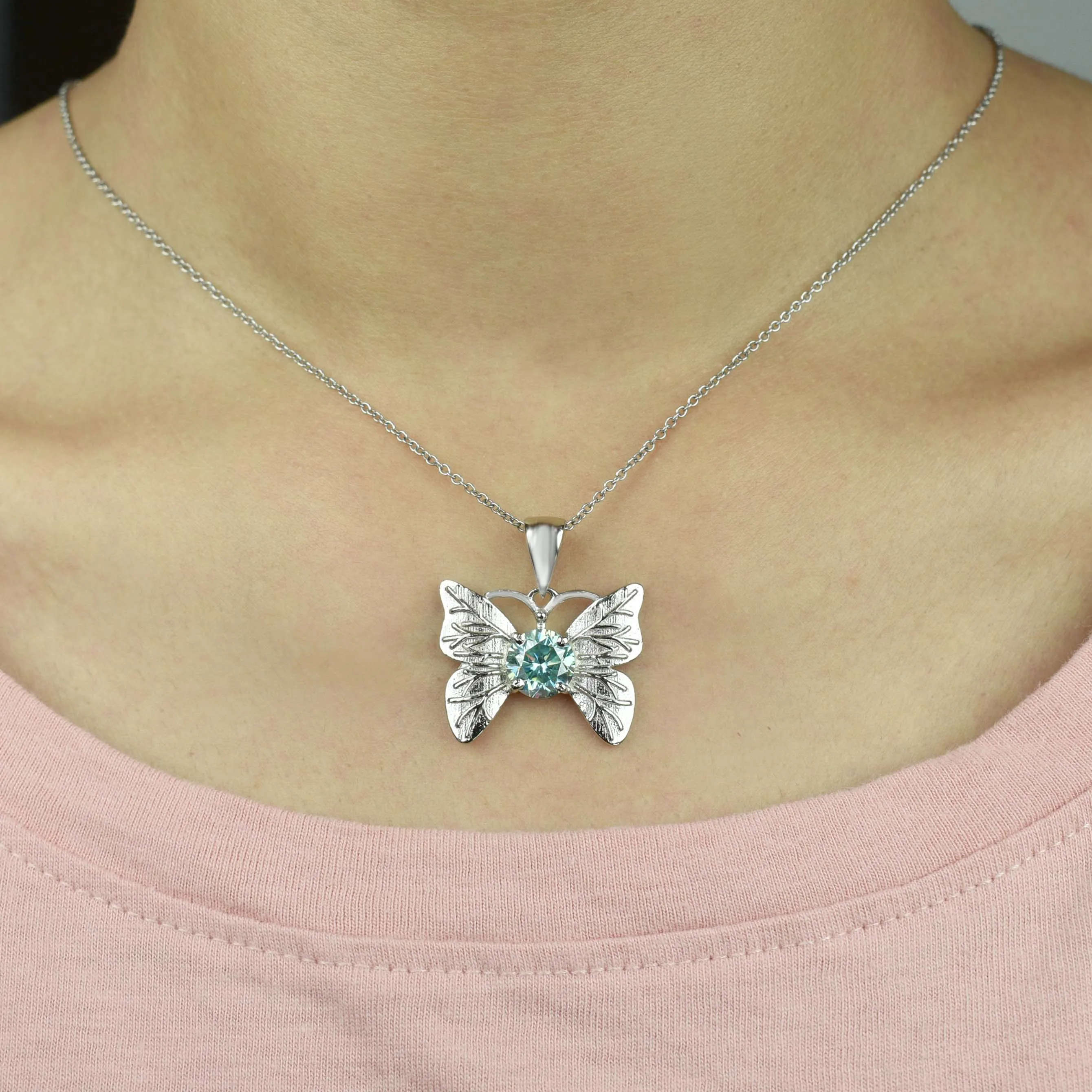 2.15 Ct AAA Certified Gorgeous Blue Diamond Butterfly Pendant in White Finish, Very Elegant Shine & Ideal Gift for Anniversary, Birthday