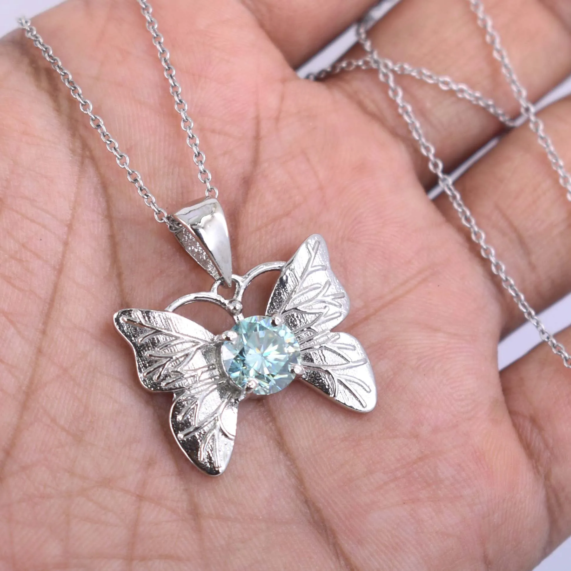 2.15 Ct AAA Certified Gorgeous Blue Diamond Butterfly Pendant in White Finish, Very Elegant Shine & Ideal Gift for Anniversary, Birthday