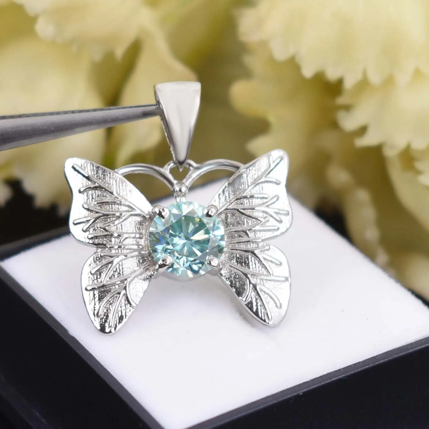 2.15 Ct AAA Certified Gorgeous Blue Diamond Butterfly Pendant in White Finish, Very Elegant Shine & Ideal Gift for Anniversary, Birthday
