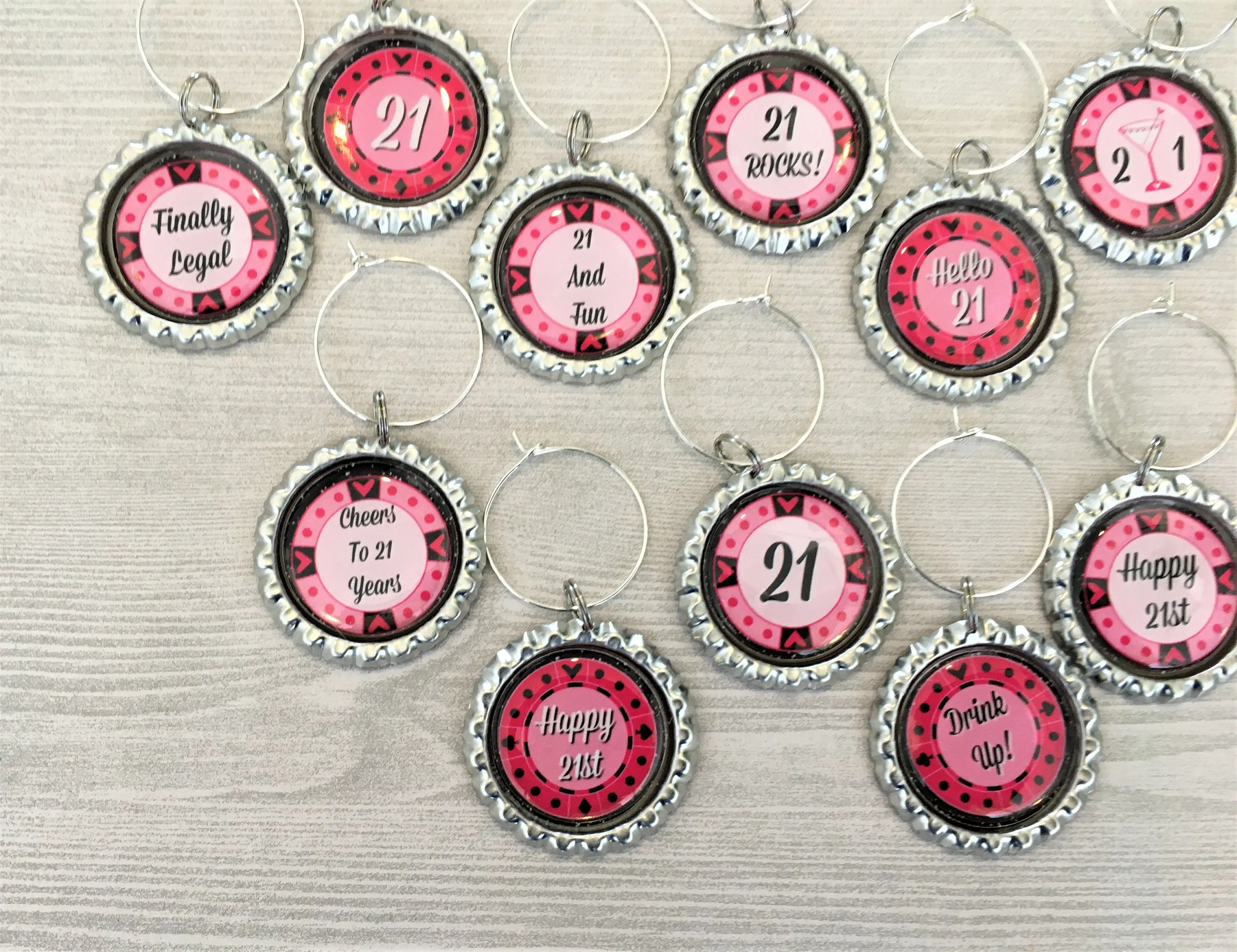 21st Birthday Wine Charms, Set of 11
