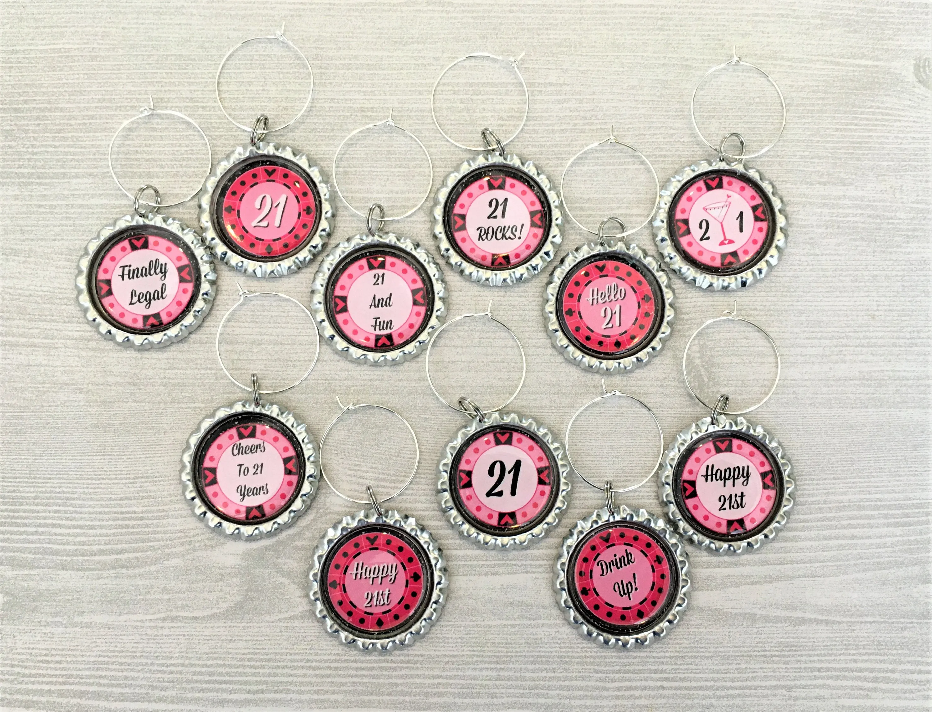 21st Birthday Wine Charms, Set of 11