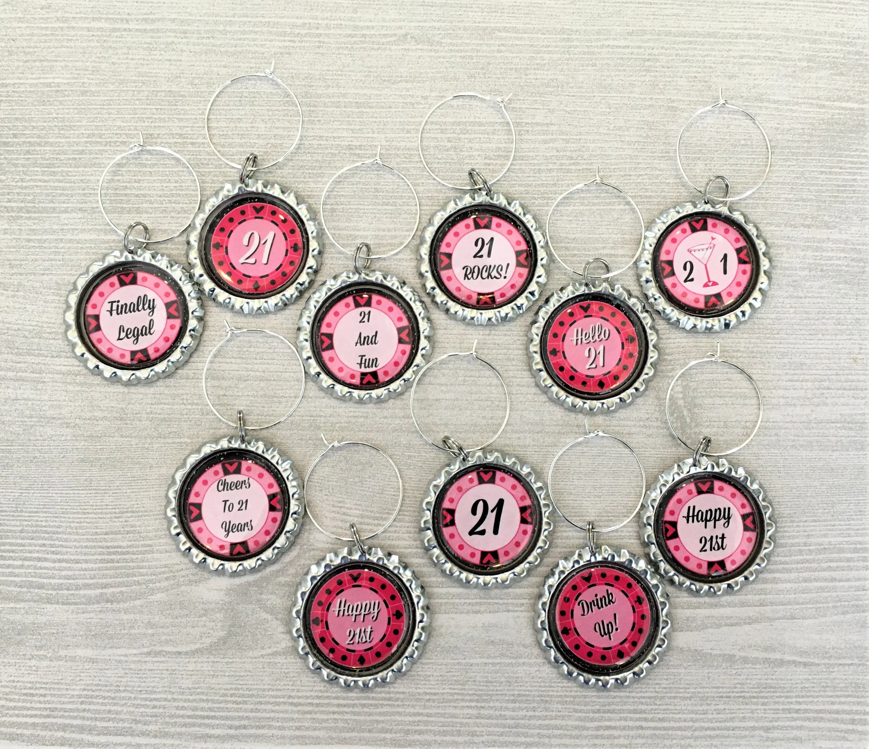 21st Birthday Wine Charms, Set of 11