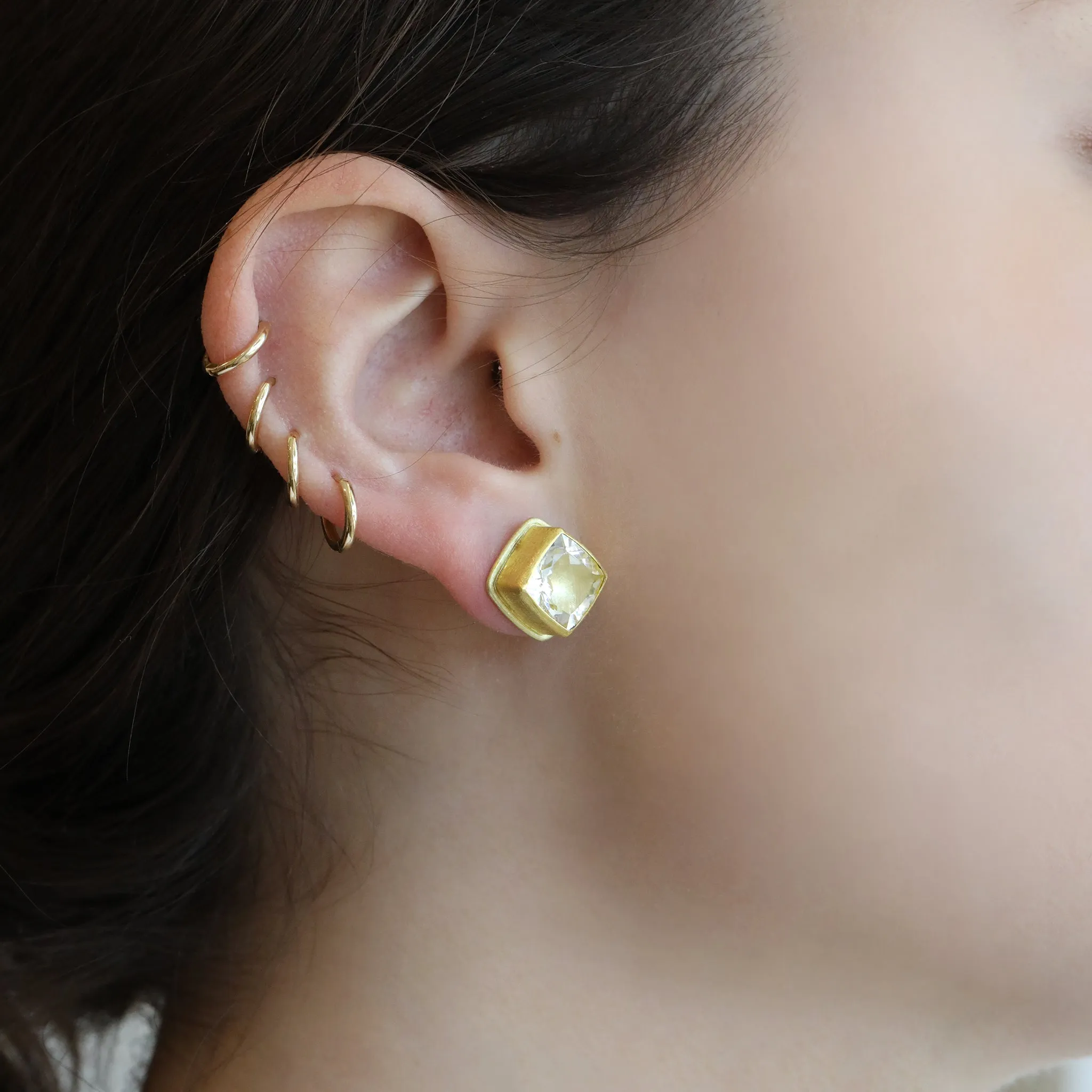 22K Gold Bezel-Set Faceted Clear Quartz Stud Earrings