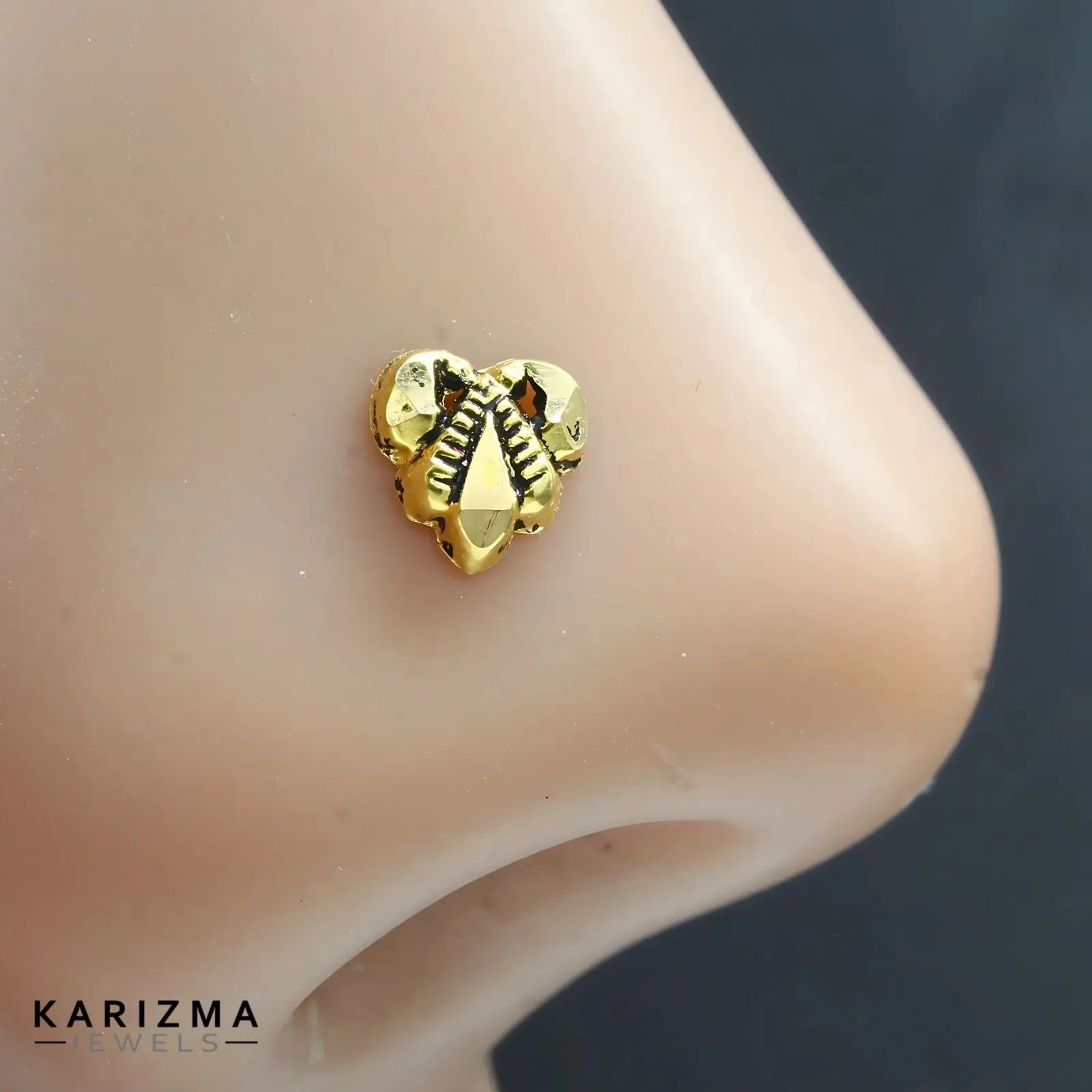 22k Real Gold Indian Women Oxidized Heart design Twisted Nose Stud