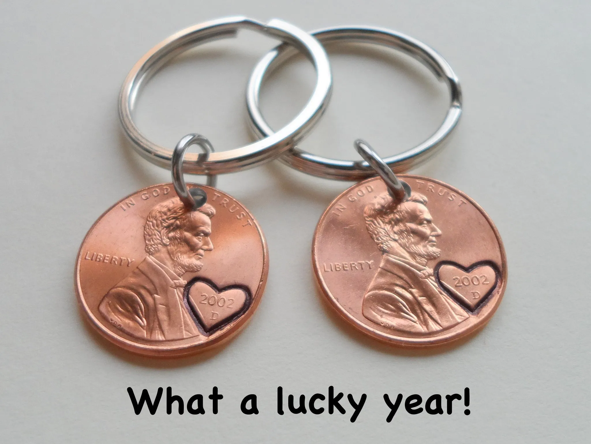 23 Year Anniversary Gift • Double Keychain Set 2002 Penny Keychains w/ Engraved Heart Around Year by Jewelry Everyday