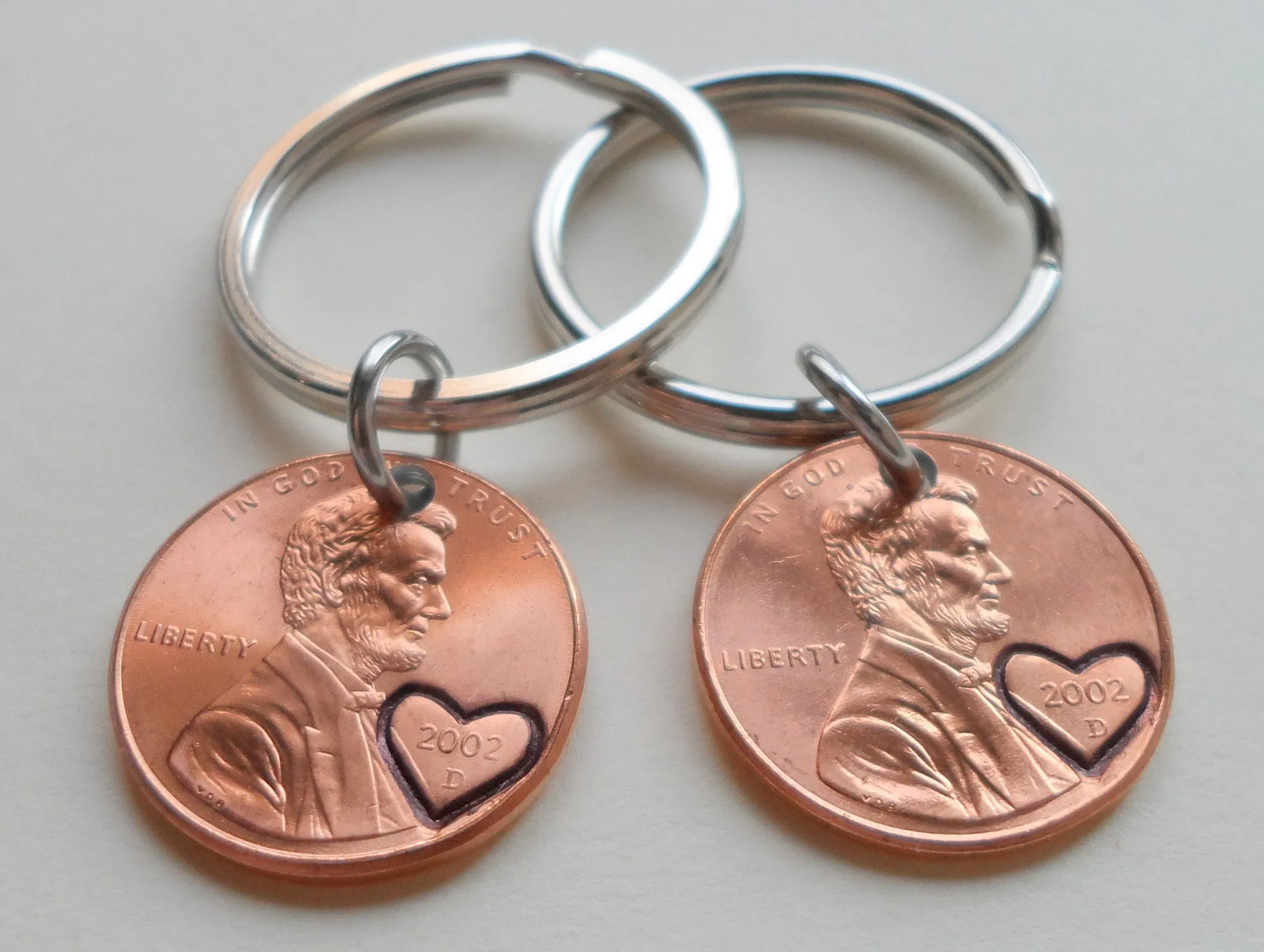 23 Year Anniversary Gift • Double Keychain Set 2002 Penny Keychains w/ Engraved Heart Around Year by Jewelry Everyday