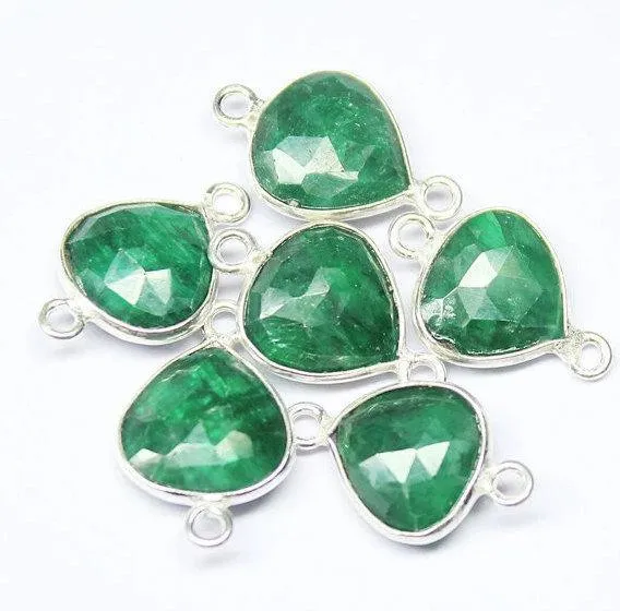 2pc, 18mm, Natural Emerald Heart 925 Sterling Silver Connector Finding, Emerald Connector